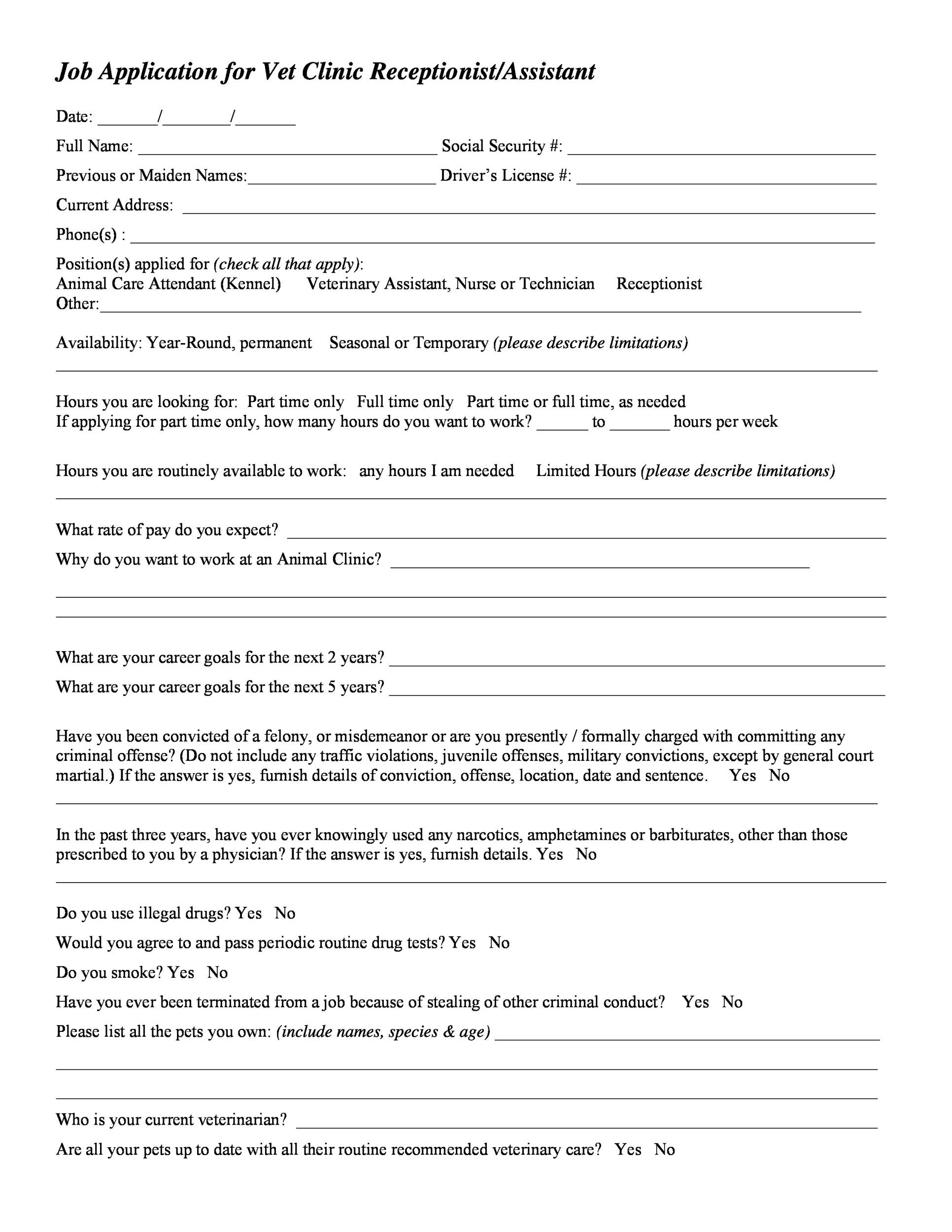 Job Application for Vet Clinic Receptionist