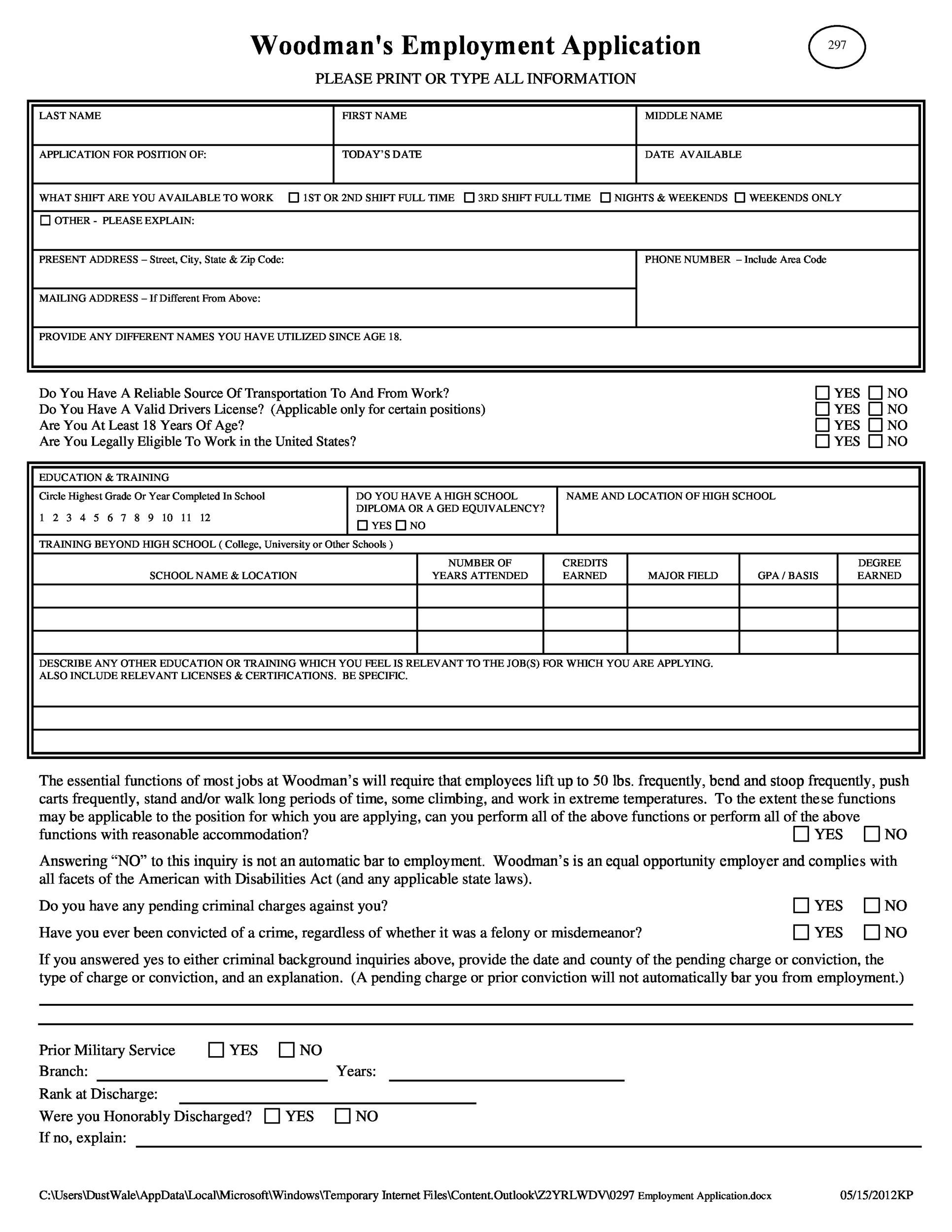 Woodman's Employment Application