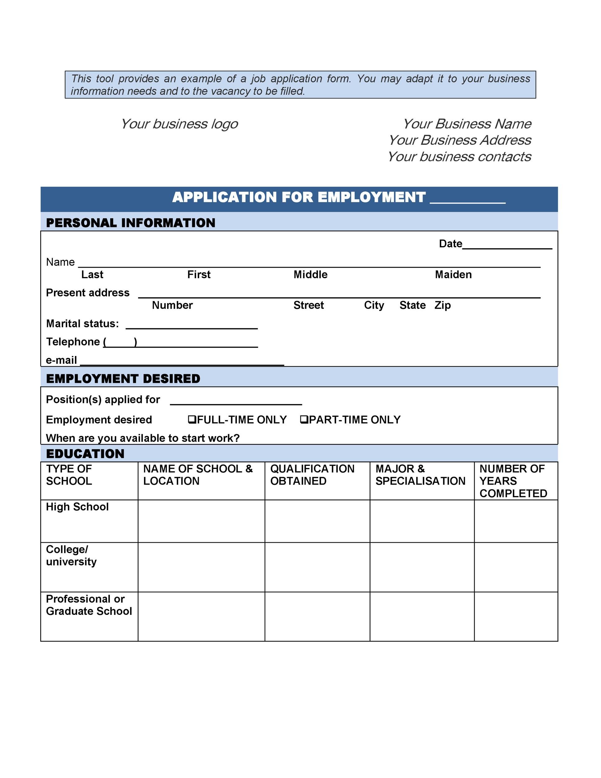 Blue Employment Application Form