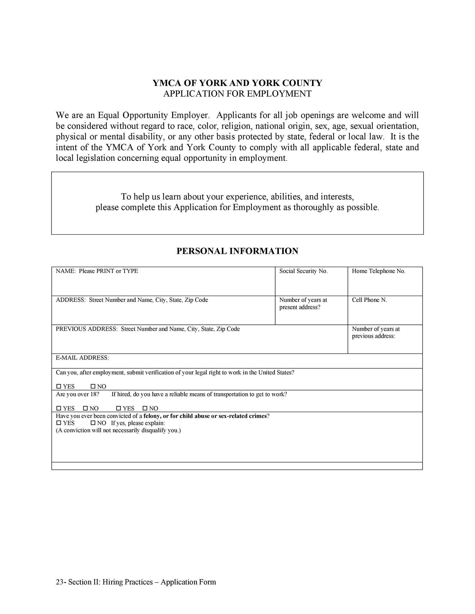 Blank Application for Employment