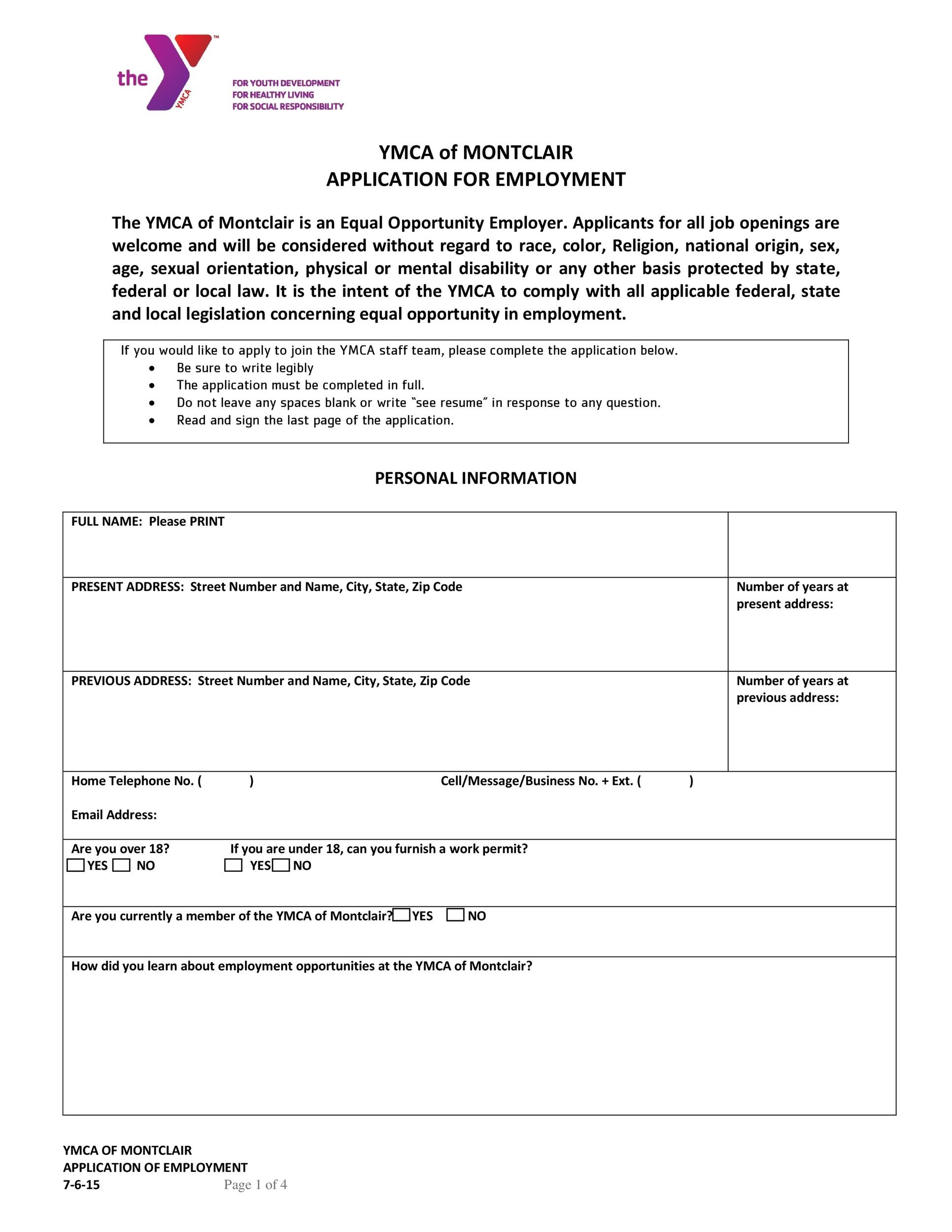 YMCA of Montclair Application for Employment