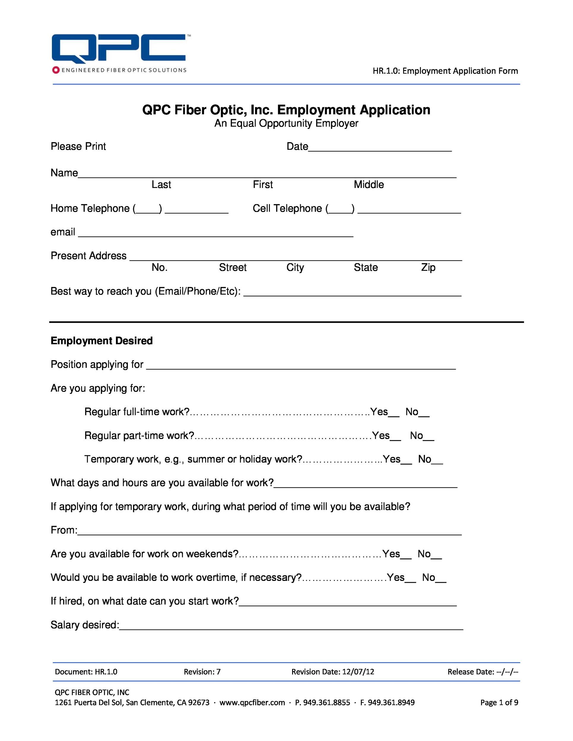 Employment Application for Company