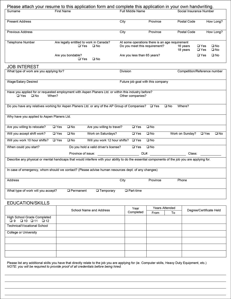 Professional Employment Application Form