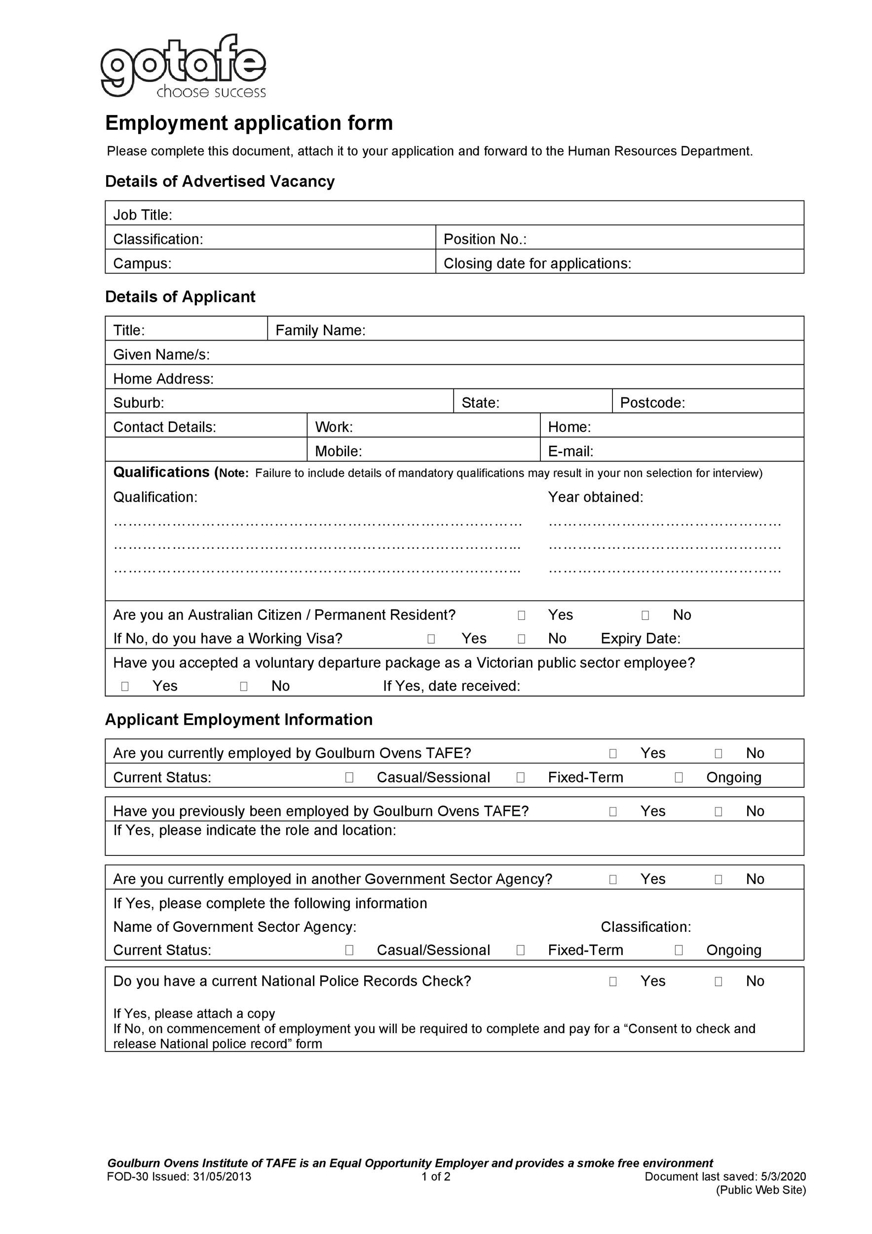 Simple Employment Application Form