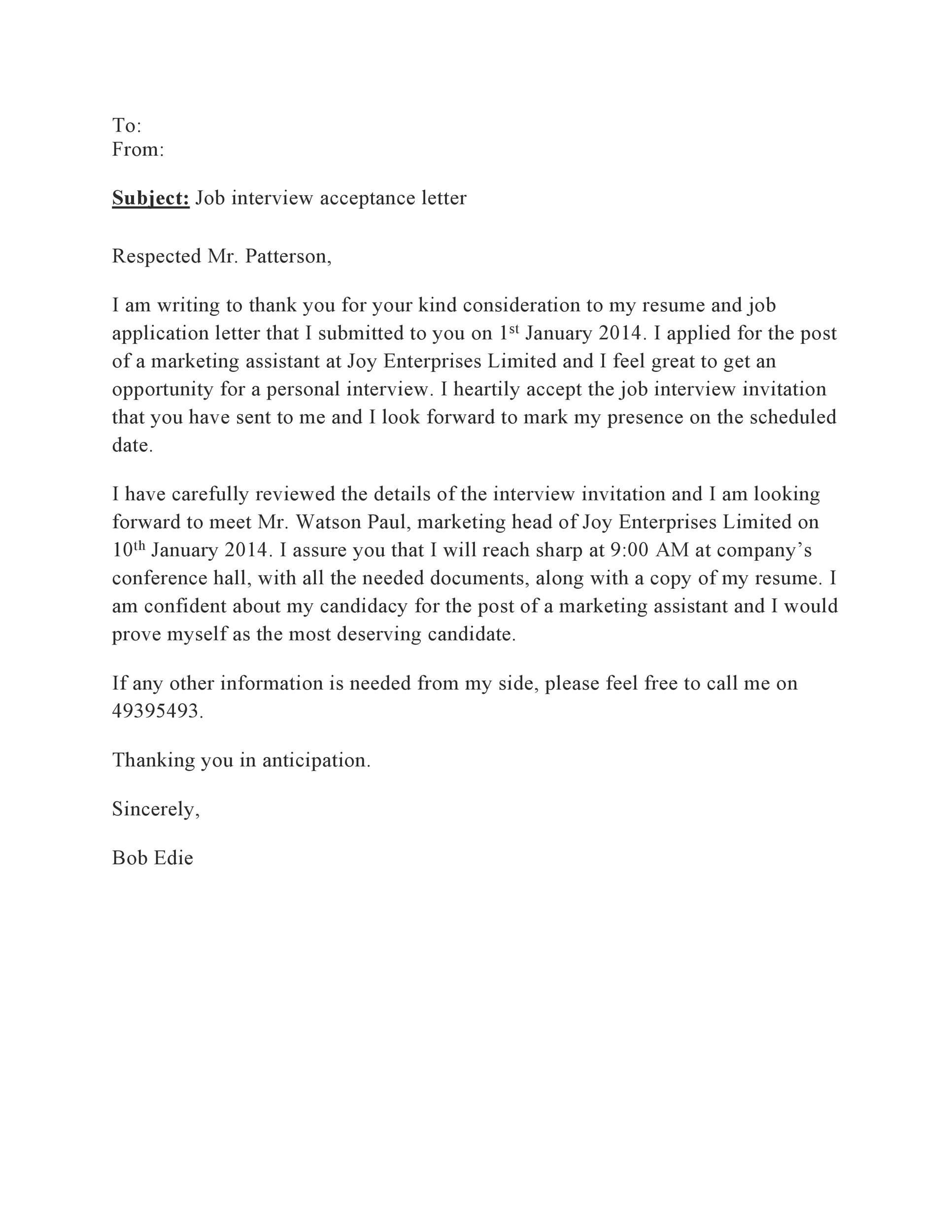 Job Interview Acceptance Letter