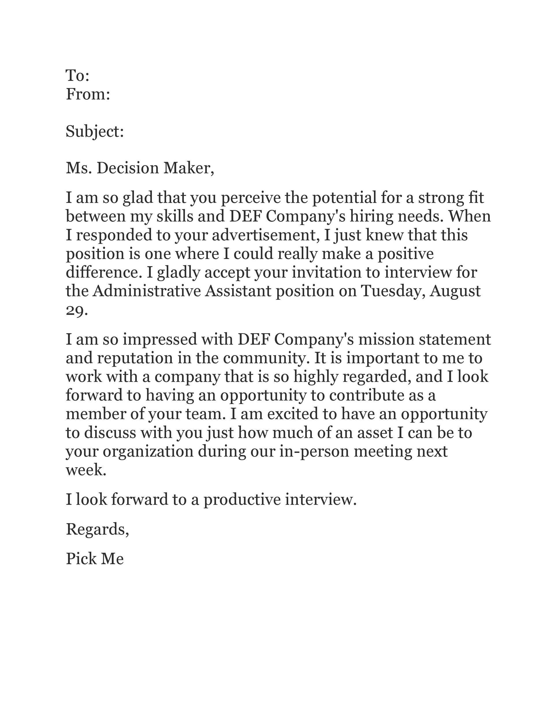 Interview Acceptance Letter Example
