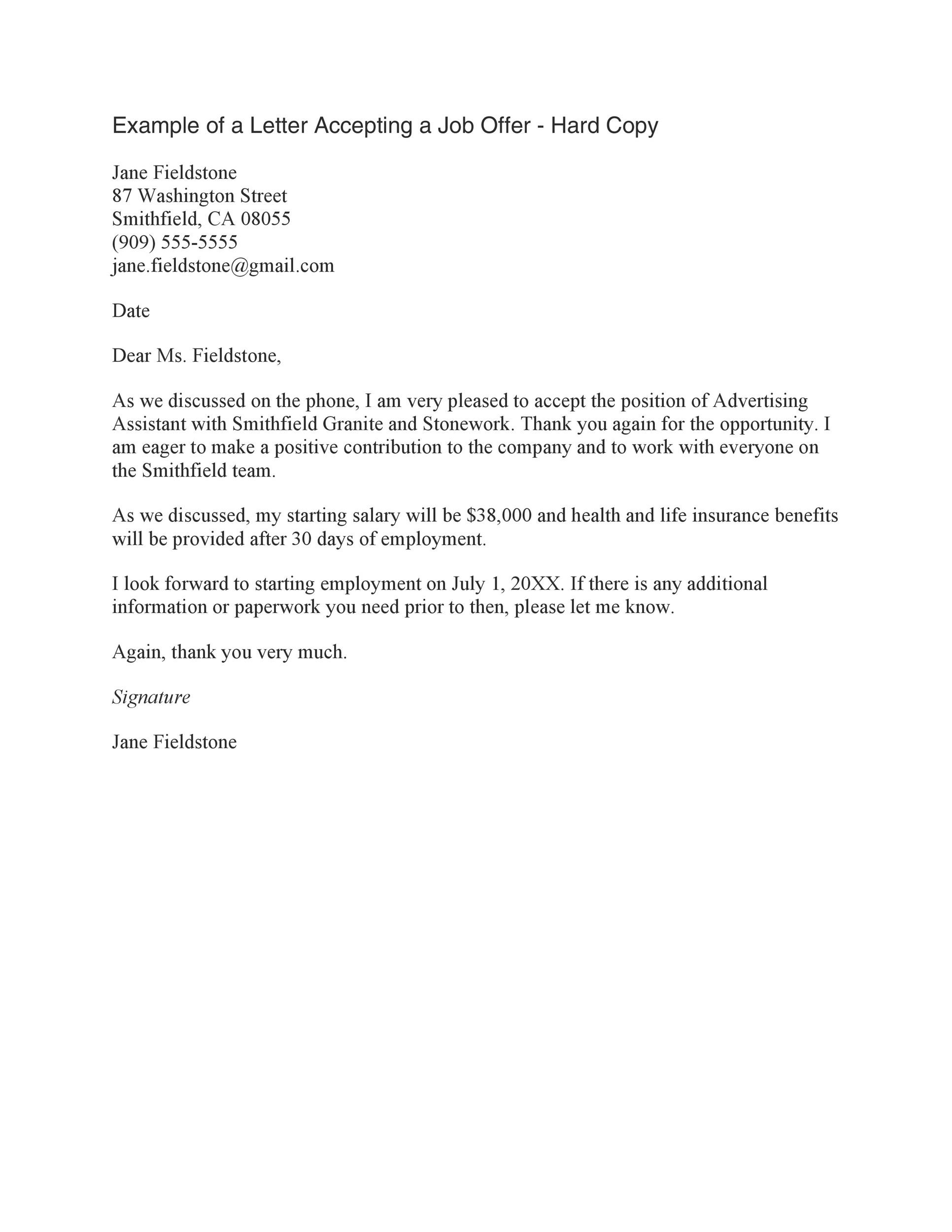 Example of a Letter Accepting a Job Offer