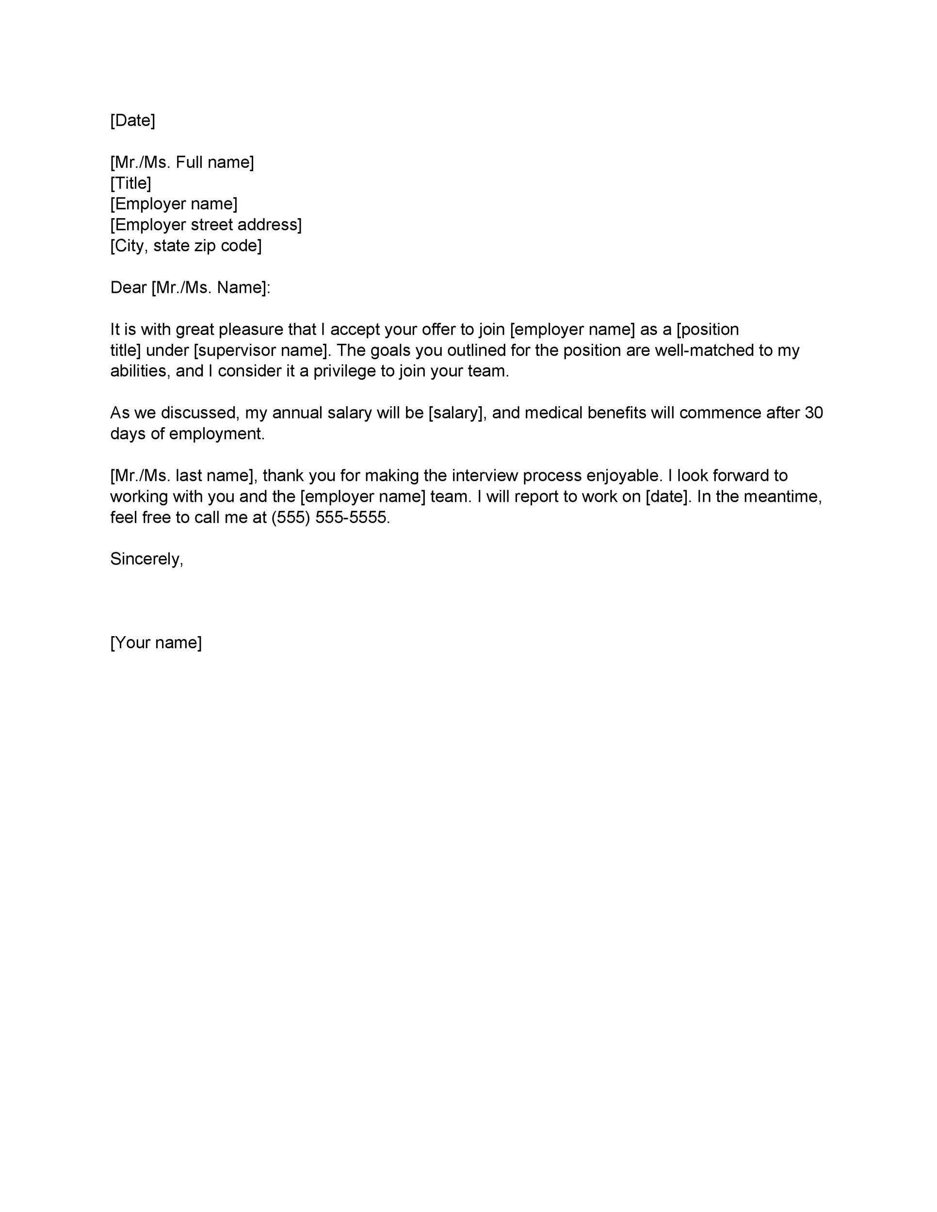 Job Offer Acceptance Letter Template