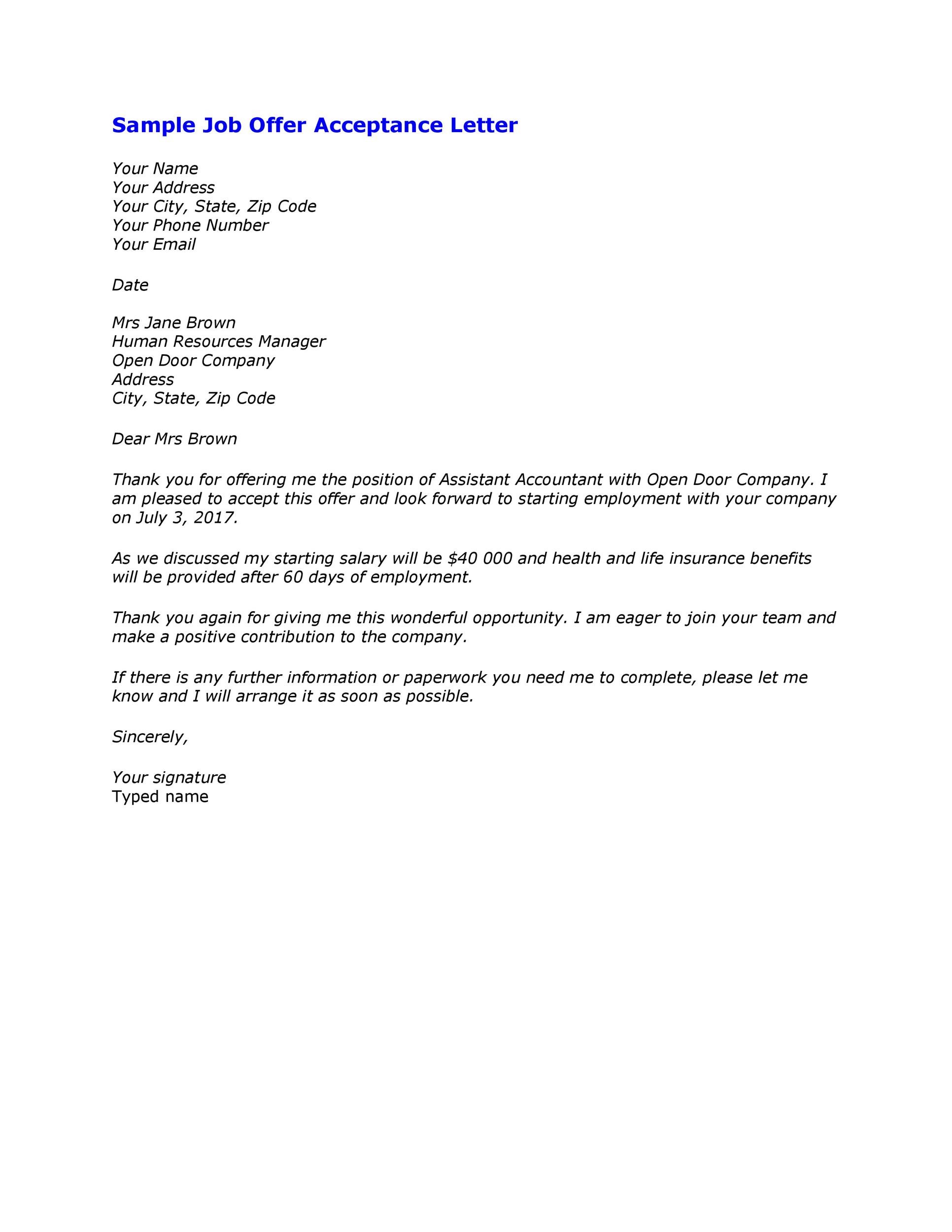 Sample Job Offer Acceptance Letter
