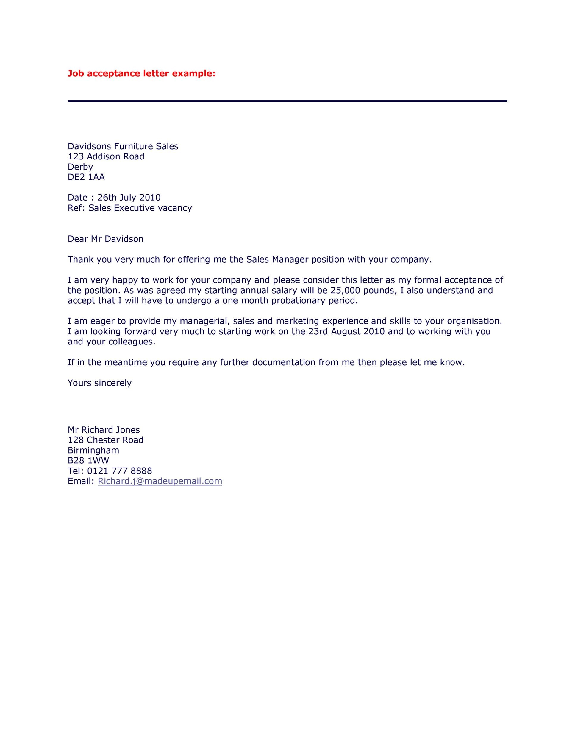 Job Acceptance Letter Sample