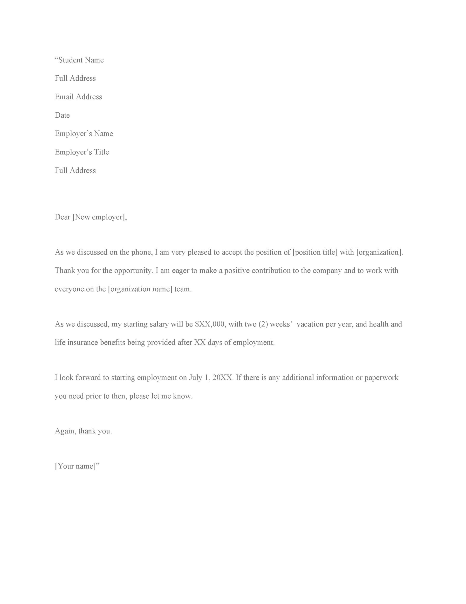 Job Offer Acceptance Email Template