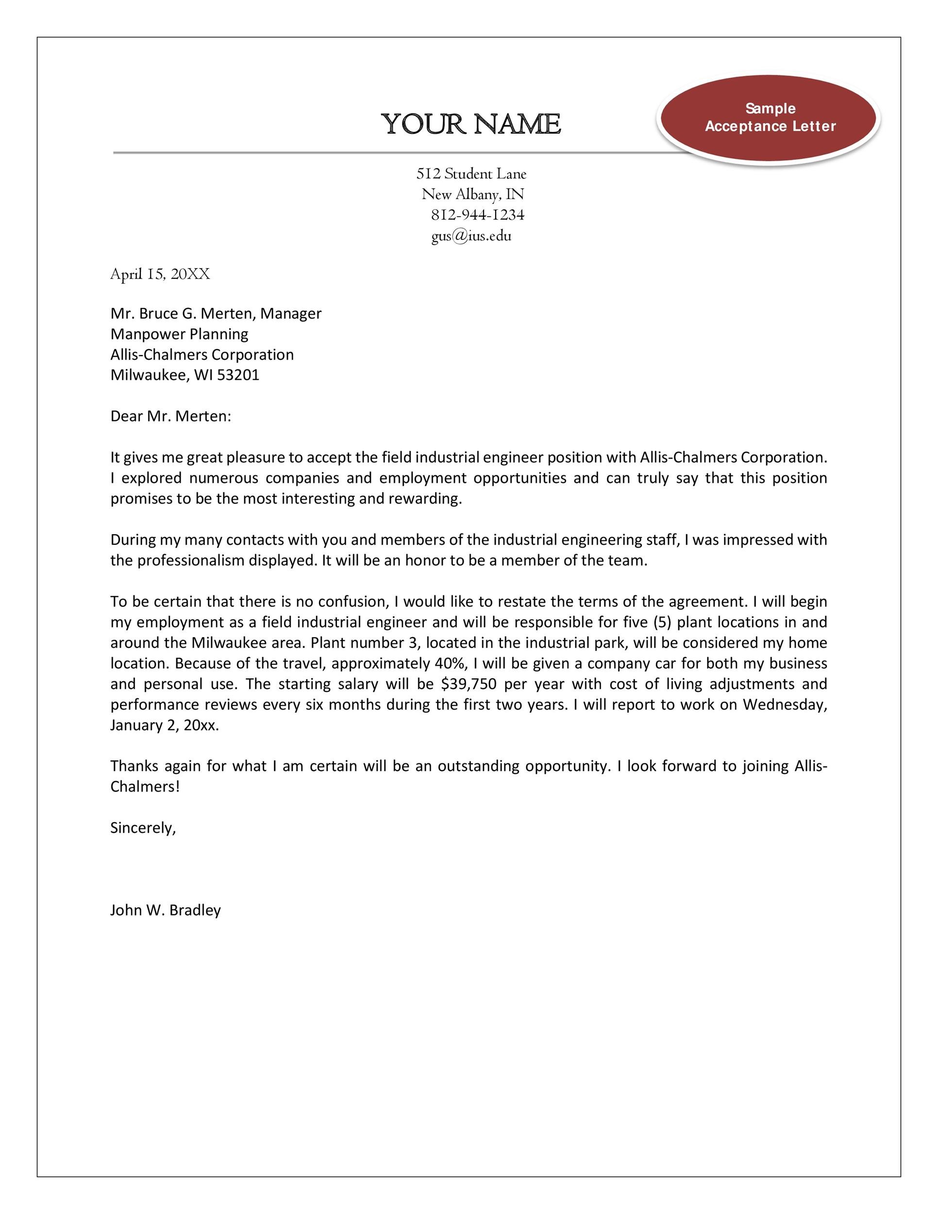 Sample Acceptance Letter