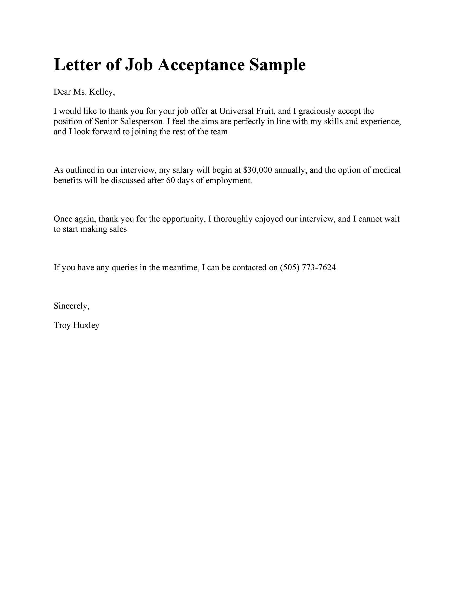 Letter of Job Offer Acceptance Sample