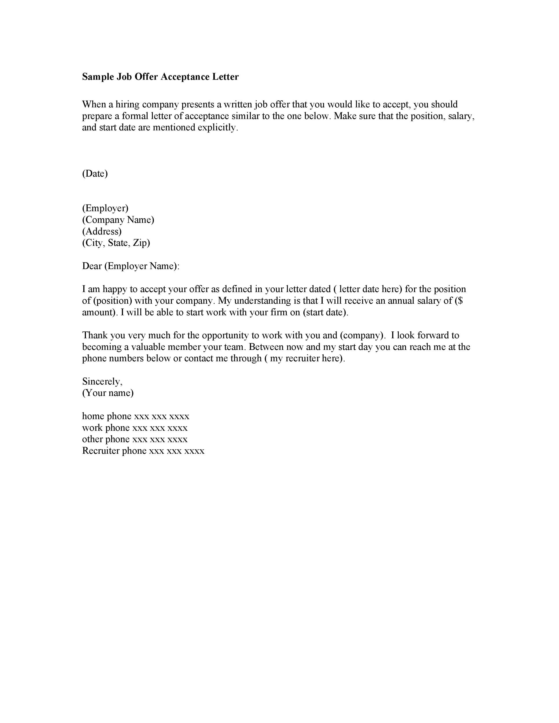 Sample Job Offer Acceptance Letter