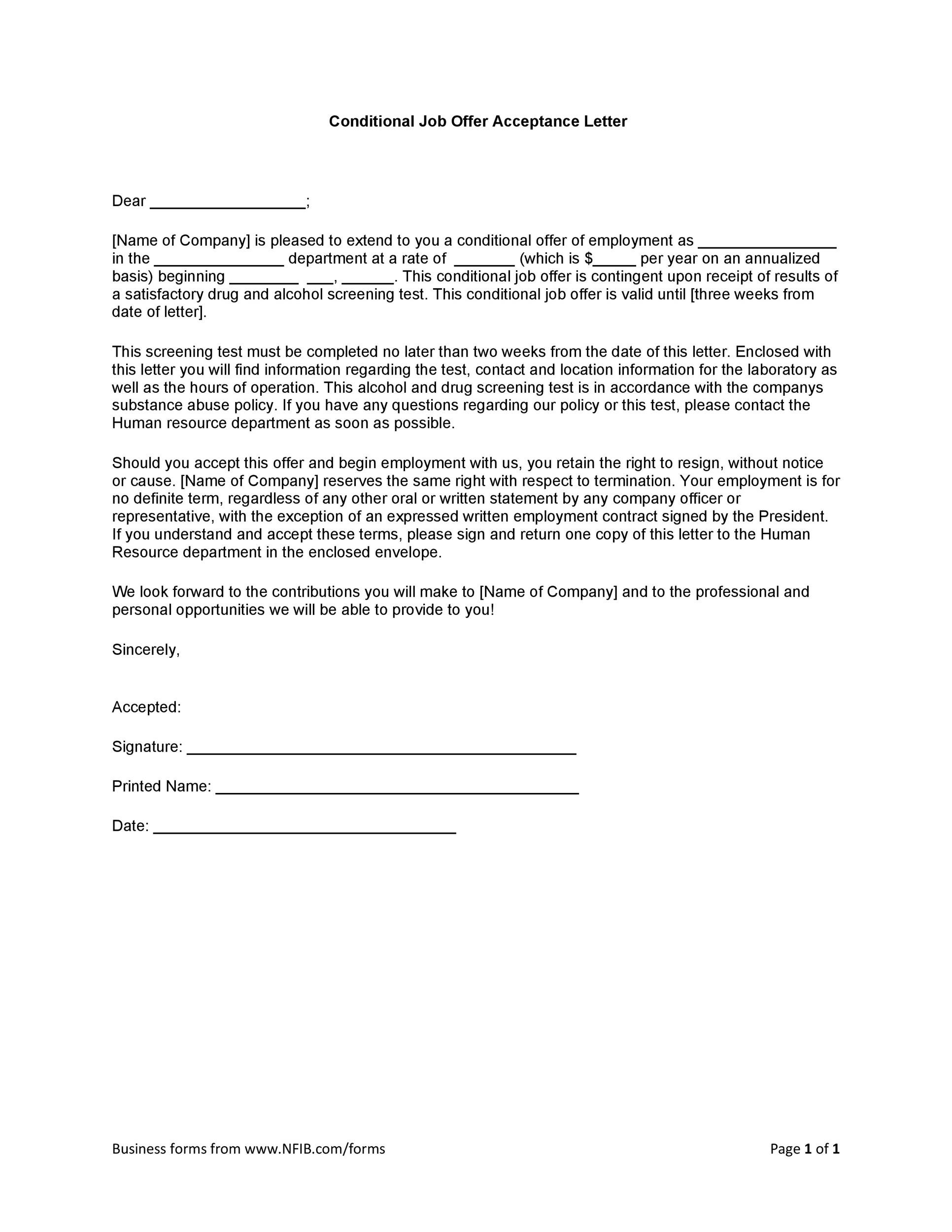 Conditional Job Offer Acceptance Letter