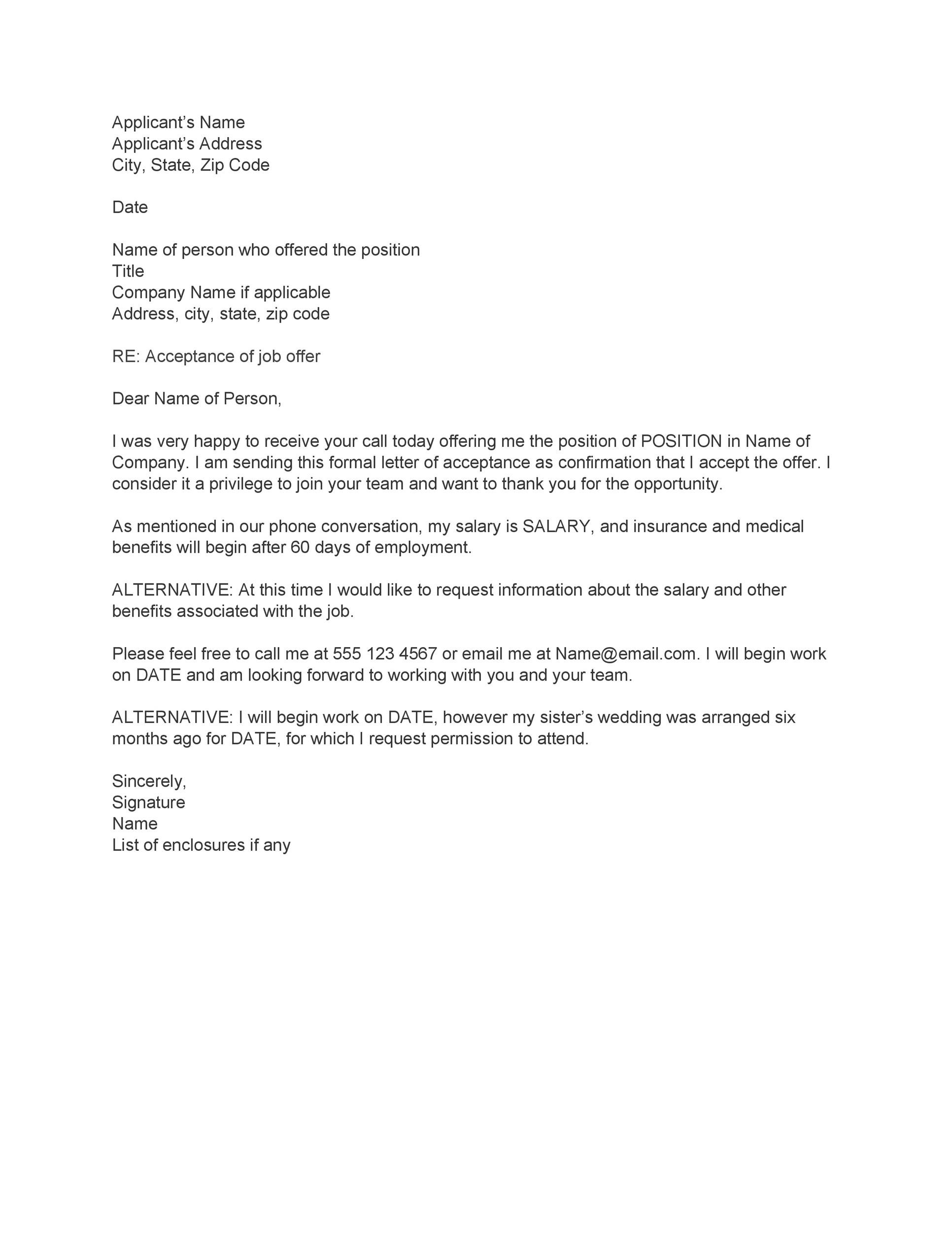 Letter of Job Offer Acceptance Format