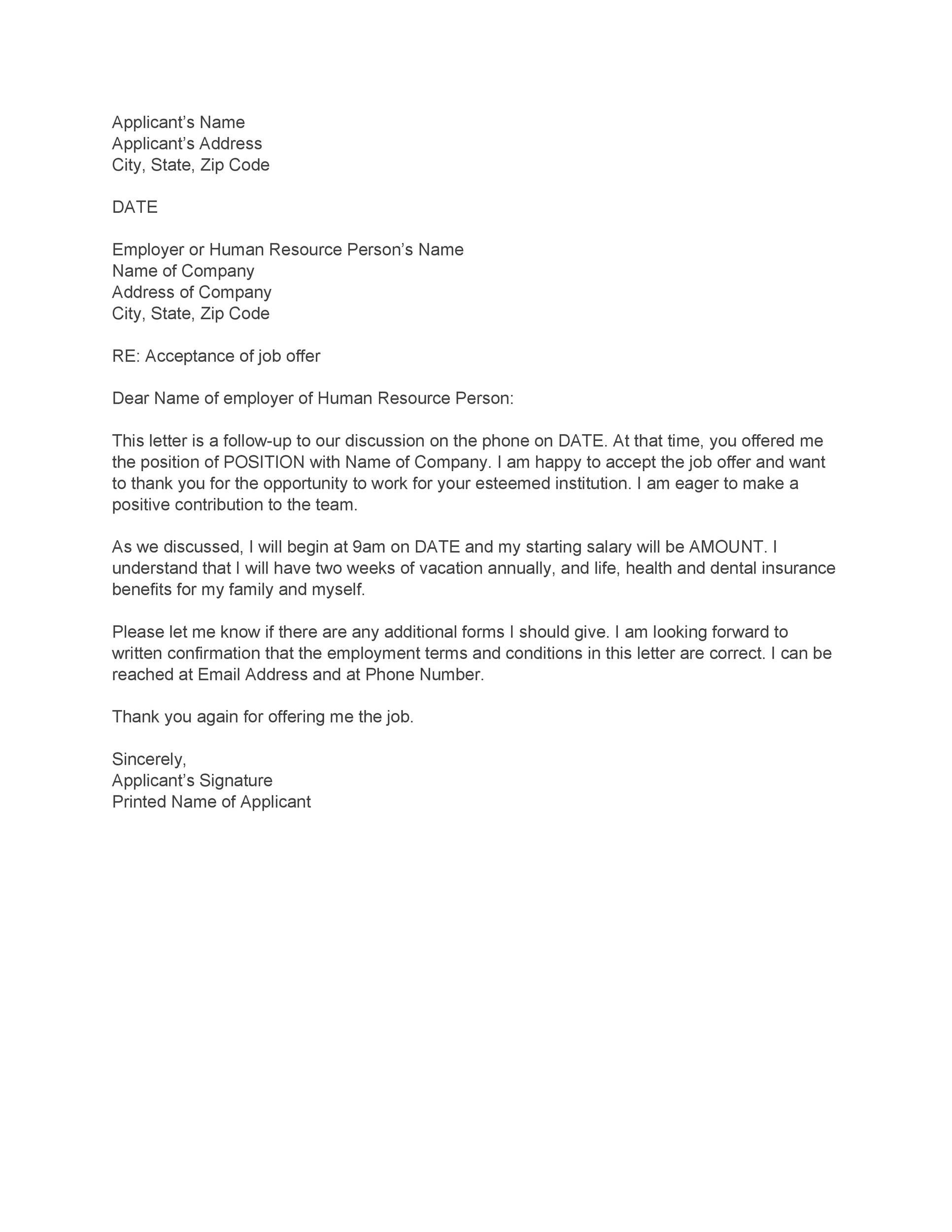 Acceptance of Job Offer Letter