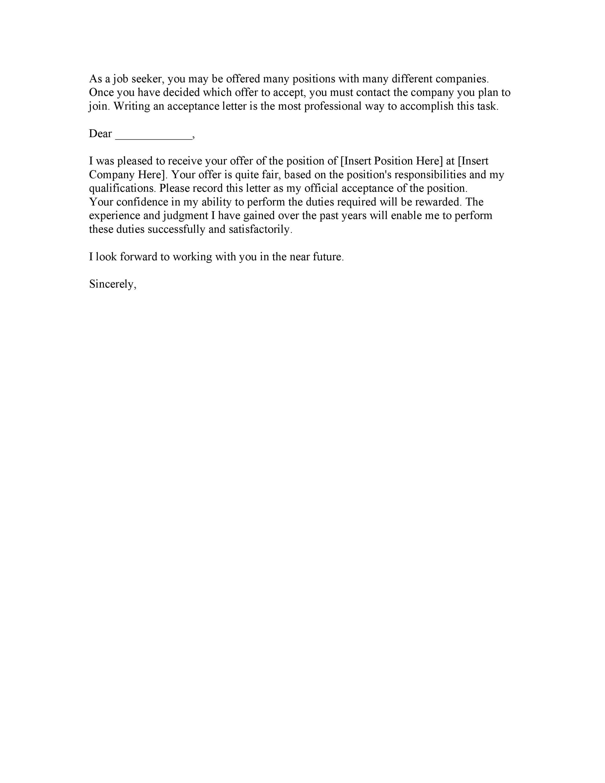 Simple Job Offer Acceptance Letter