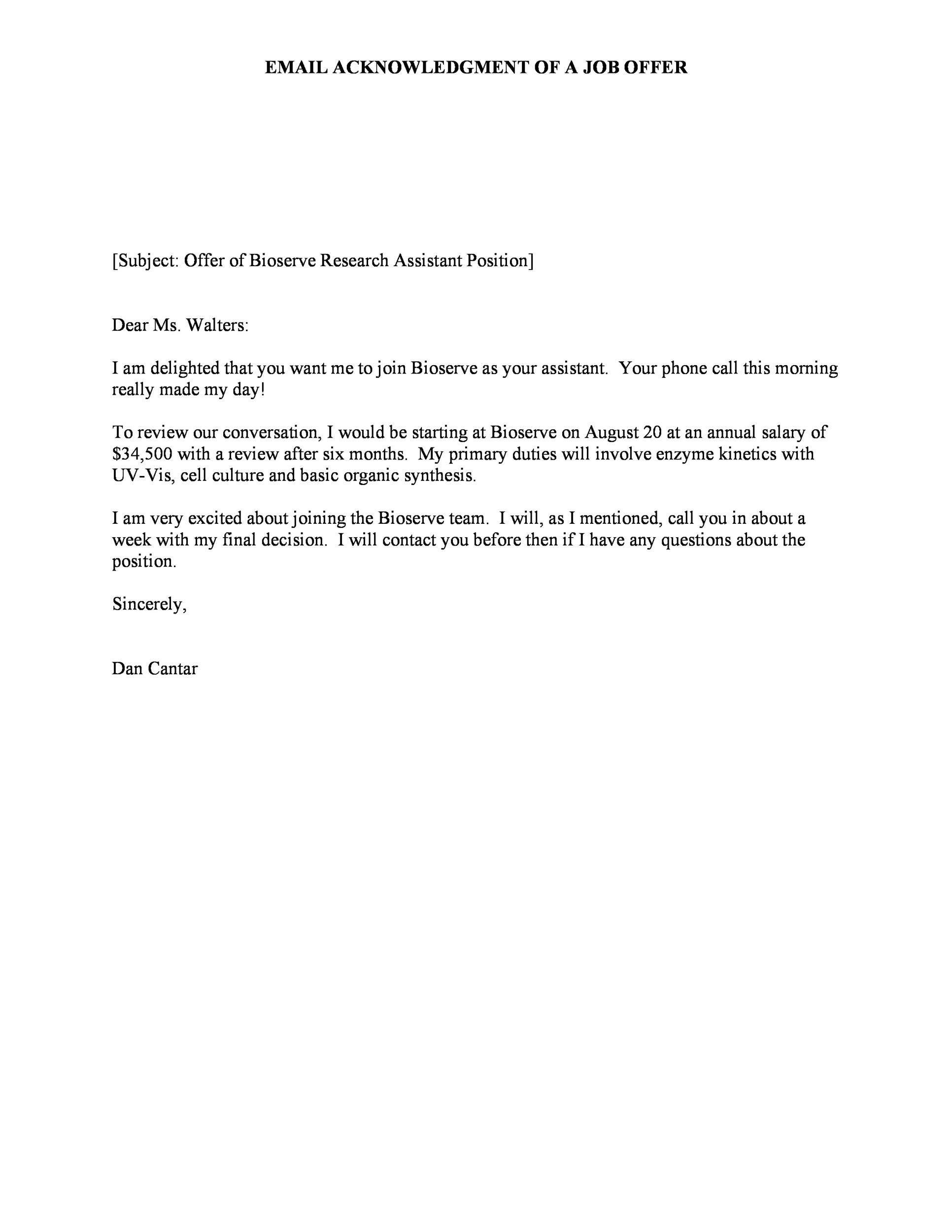 Email Acknowledgment of a Job Offer