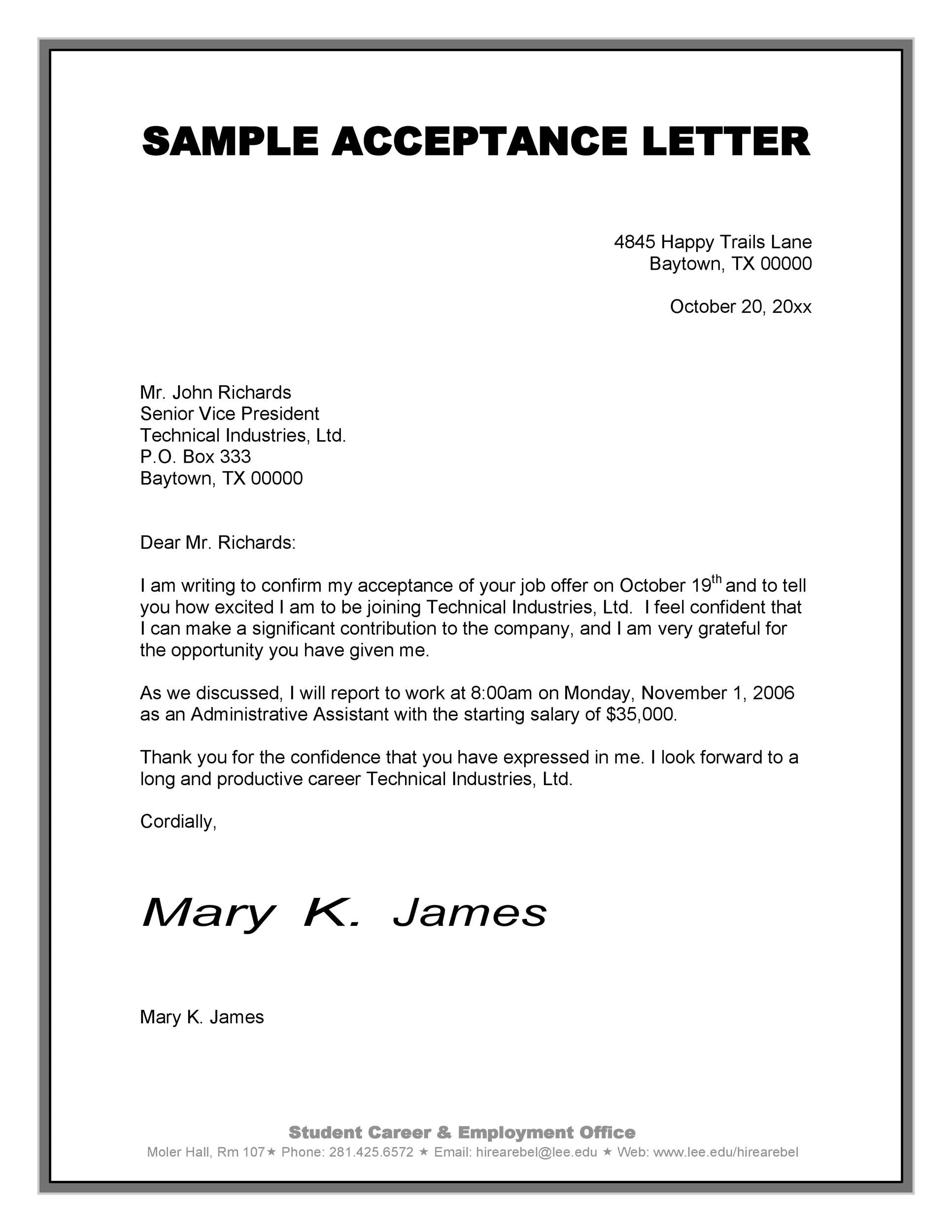 Sample Acceptance Letter Format