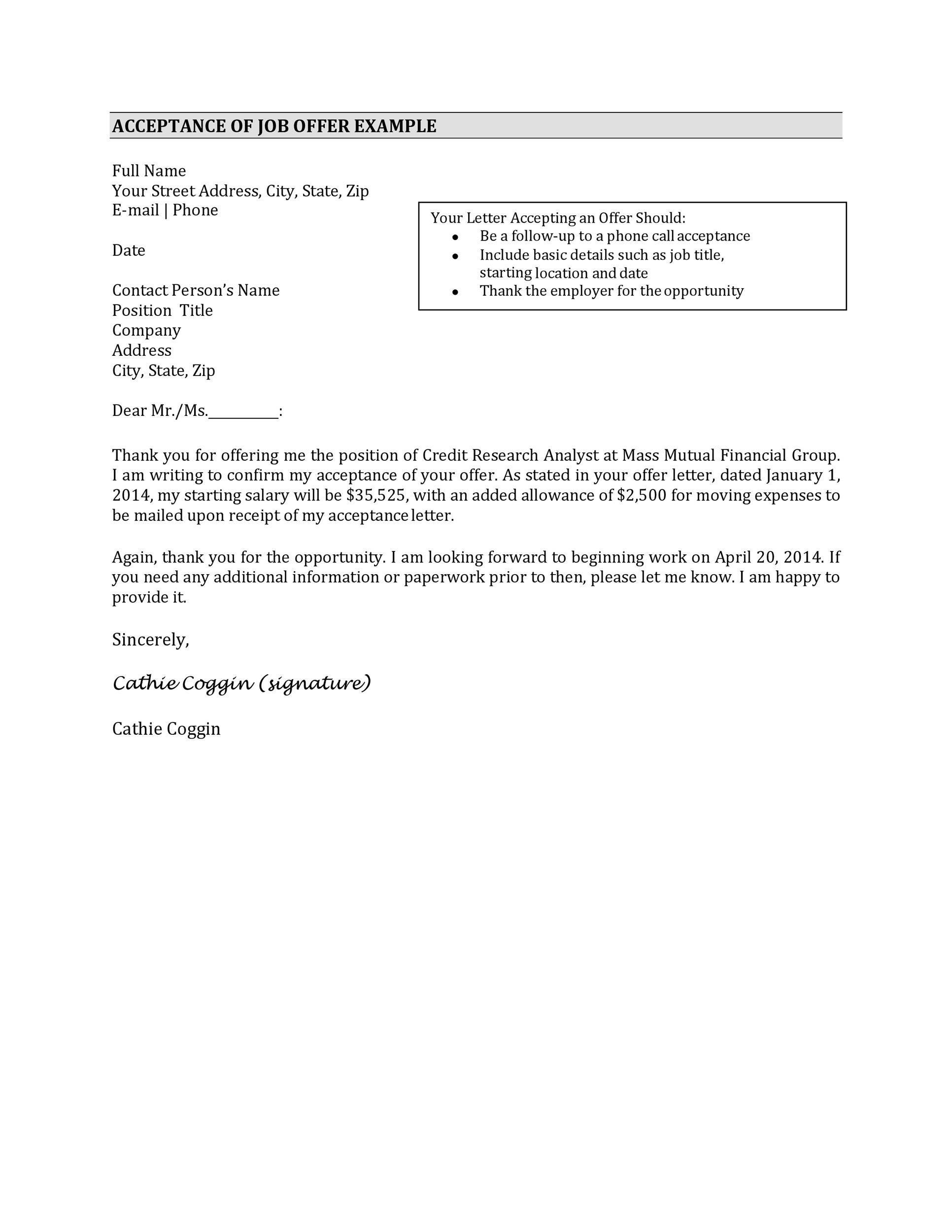 Acceptance of Job Offer Example