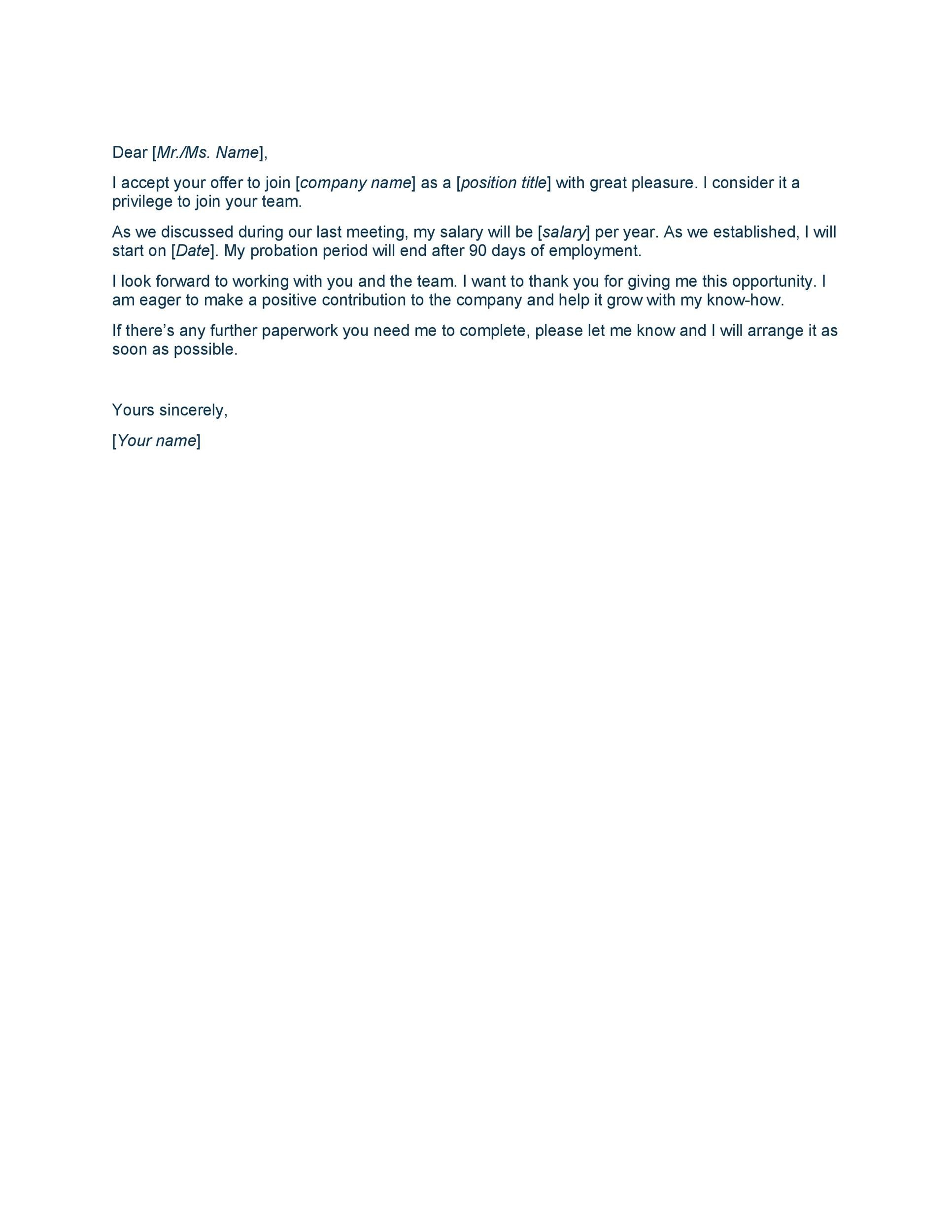 Professional Job Offer Acceptance Letter