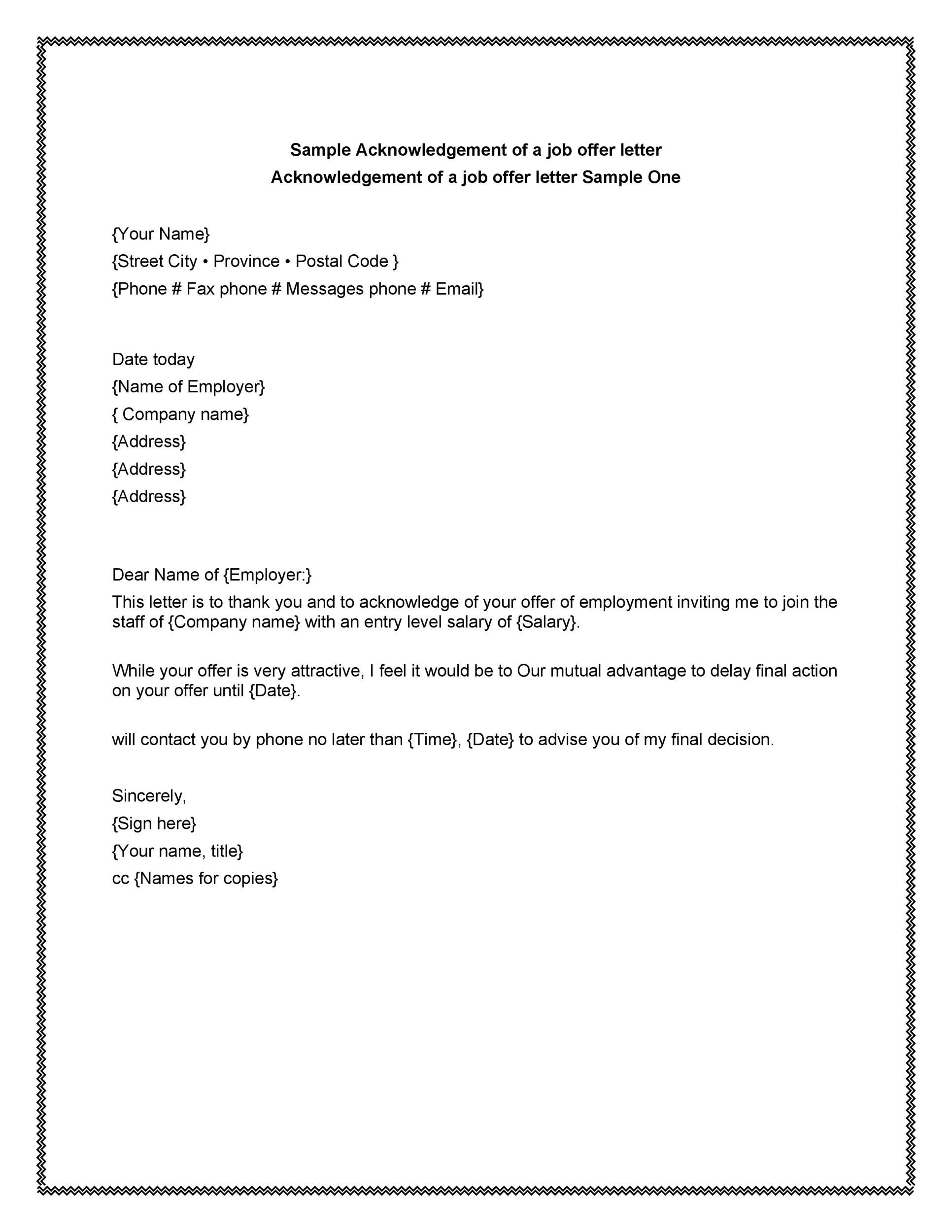 Sample Acknowledgement of a Job Offer Letter