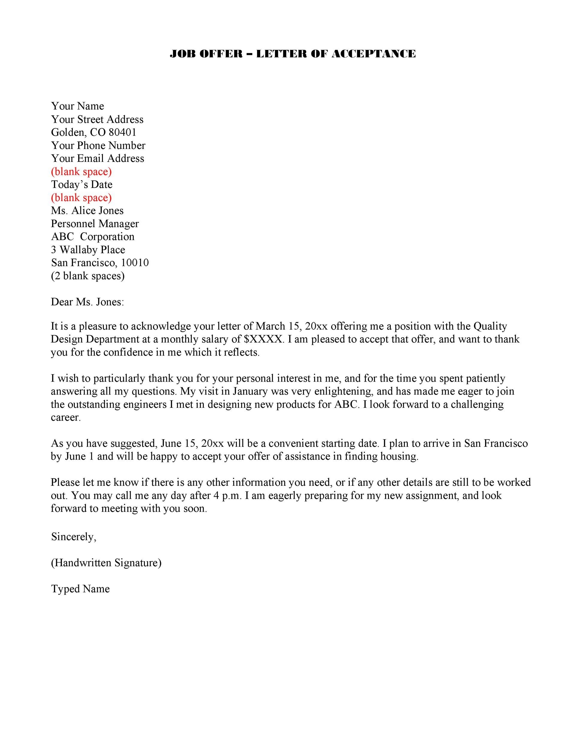 Job Offer - Letter of Acceptance