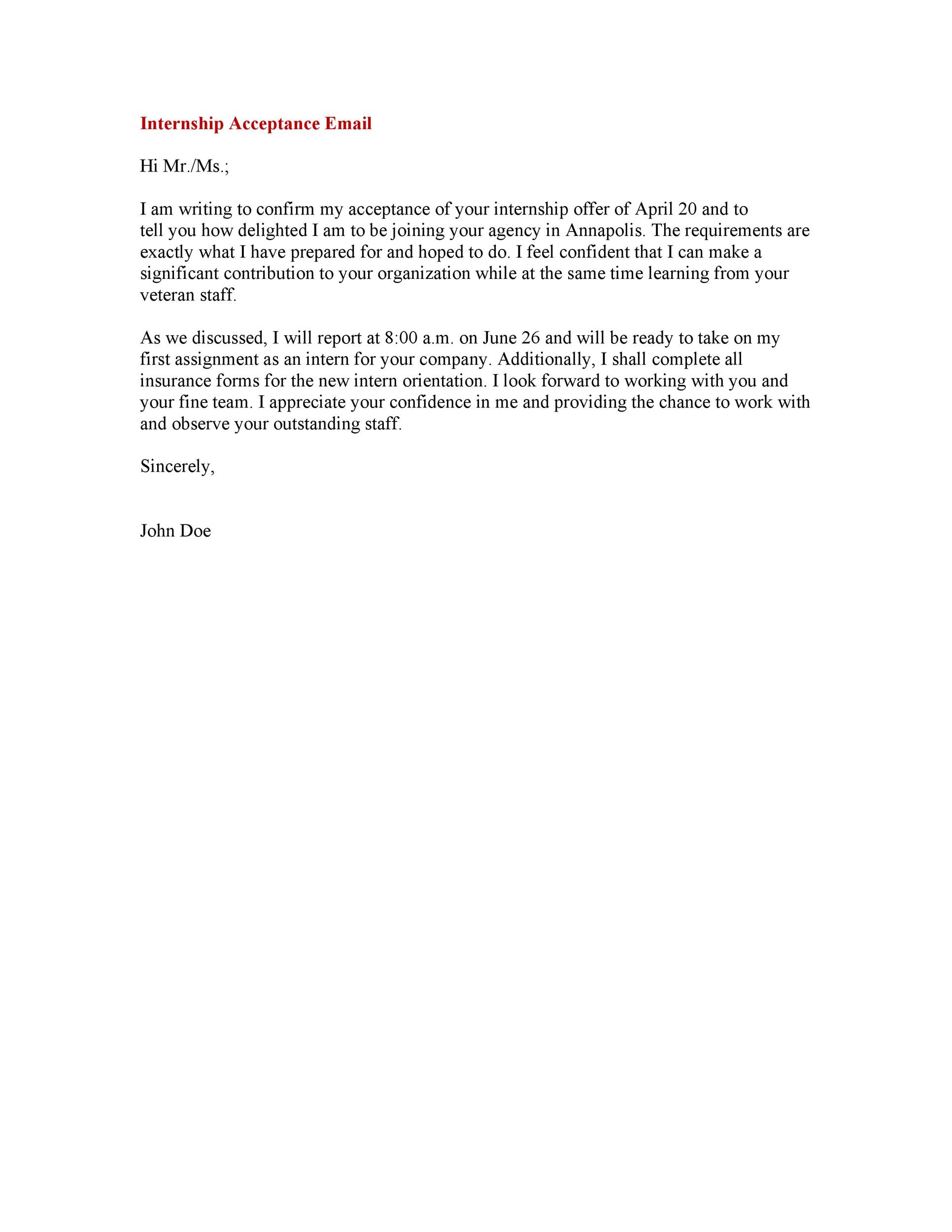 Internship Acceptance Email