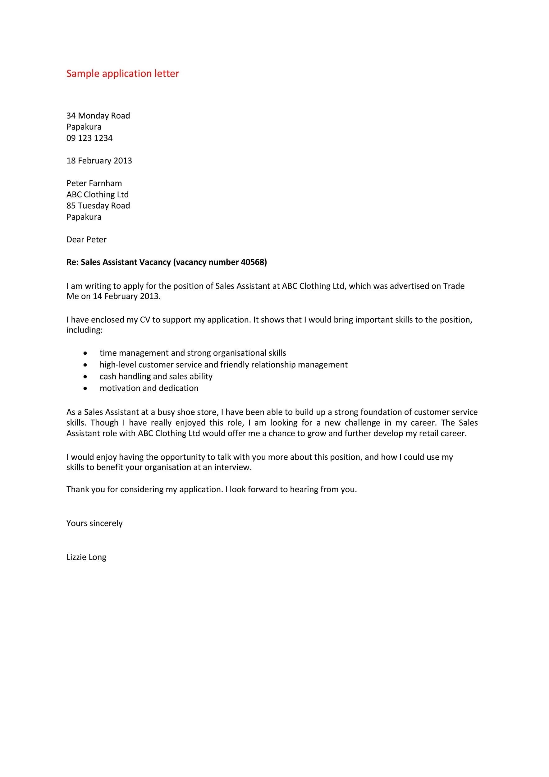 Sample Application Letter