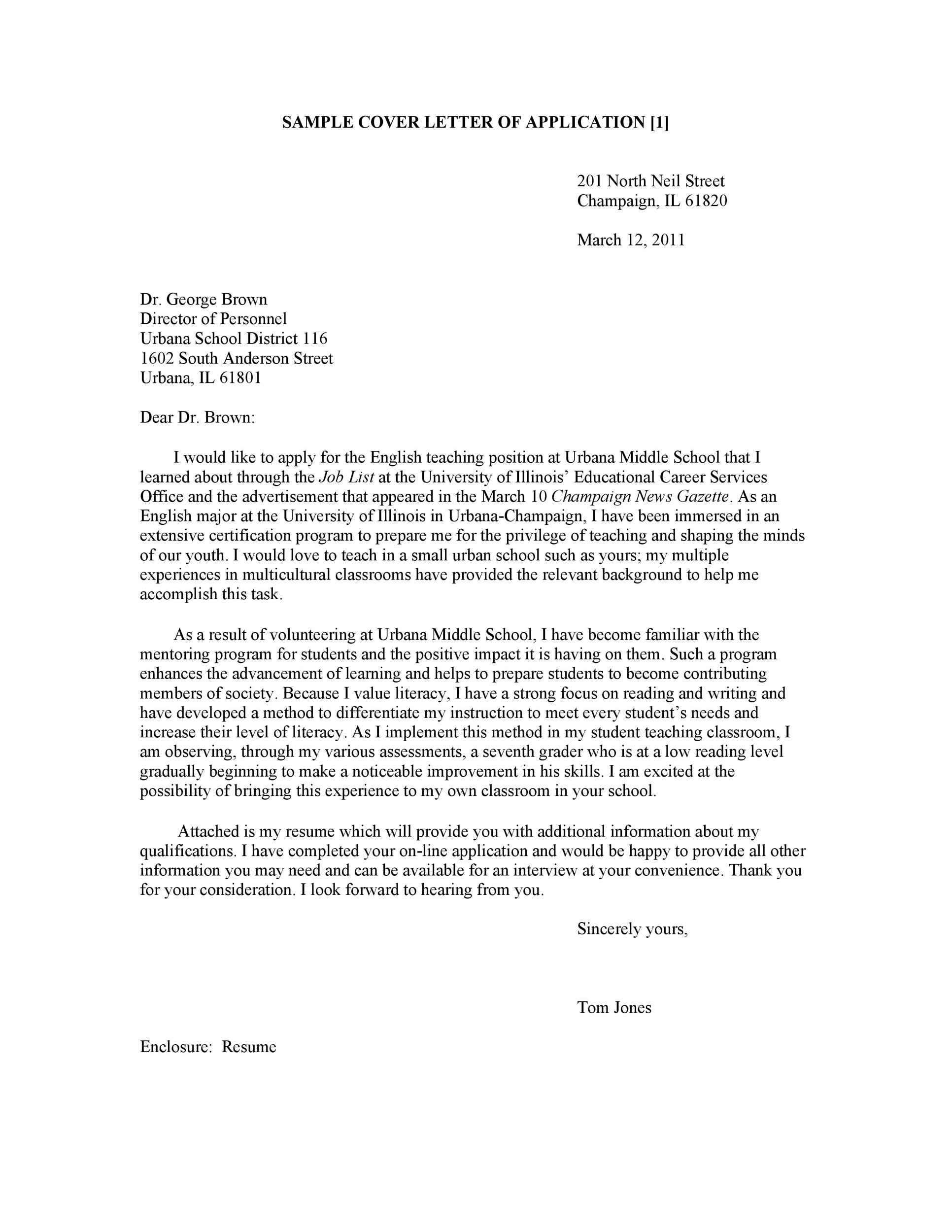 Sample Cover Letter of Application