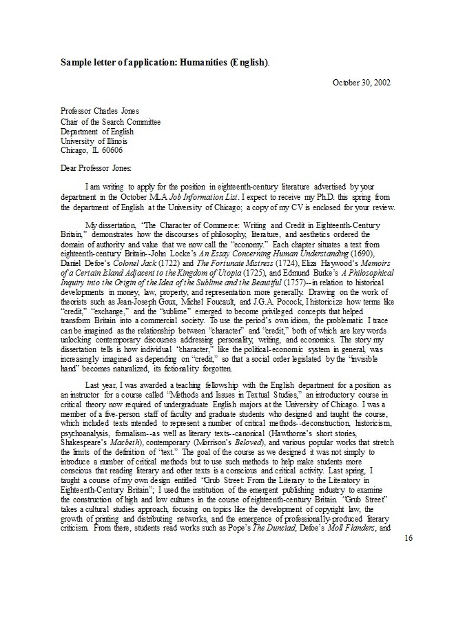 Sample Letter of Application: Humanities