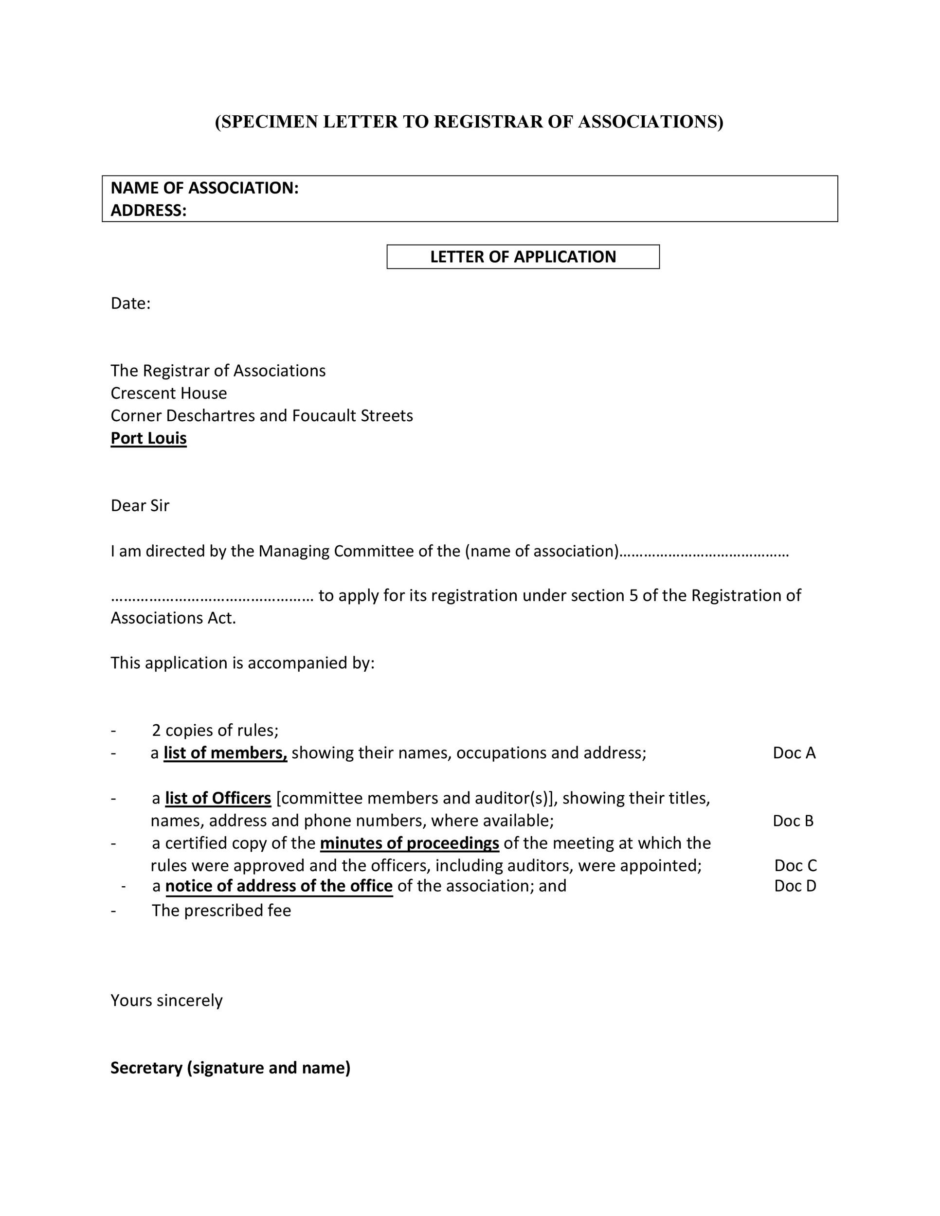Specimen Letter to Registrar of Associations
