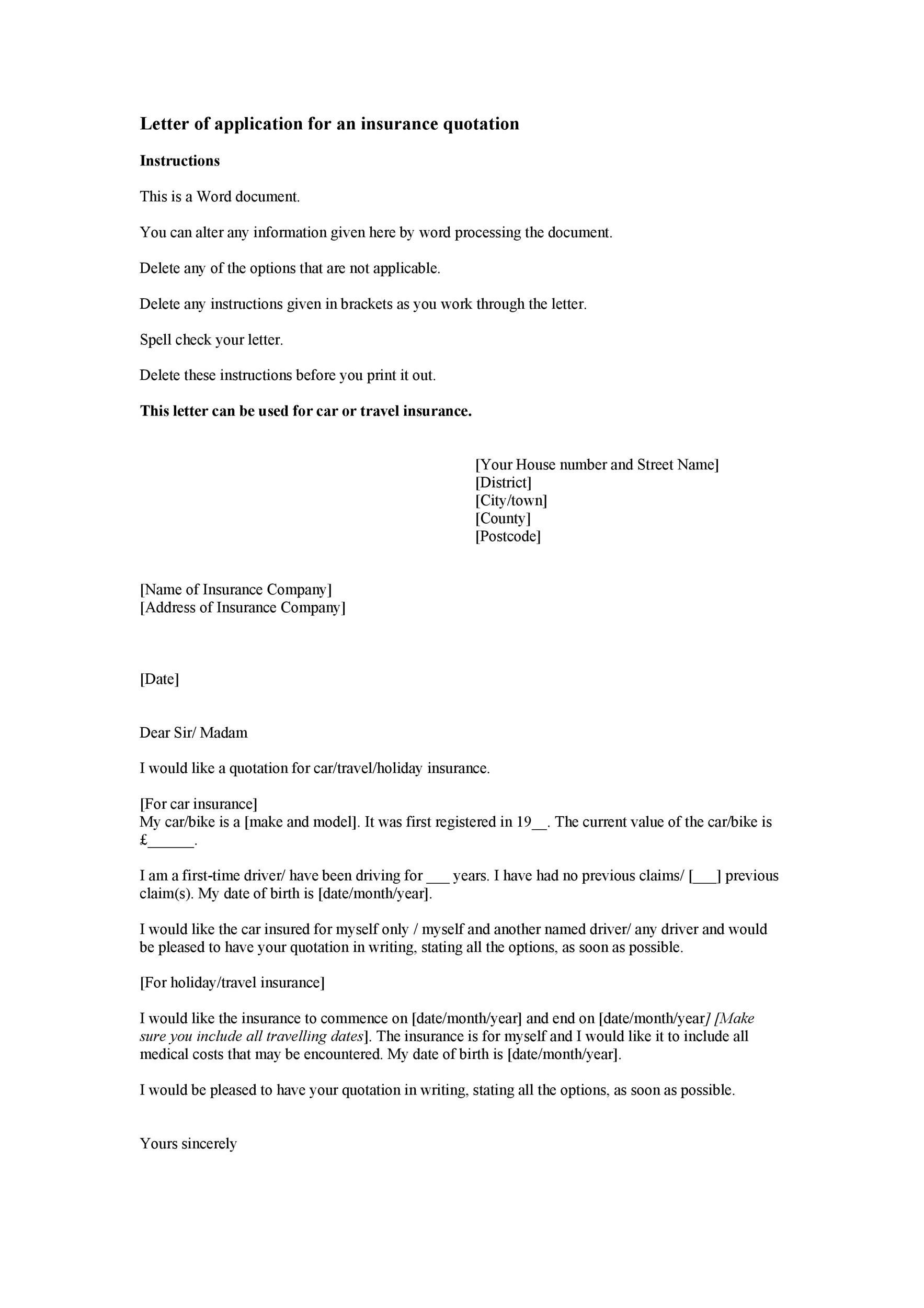 Insurance Quotation Application Letter