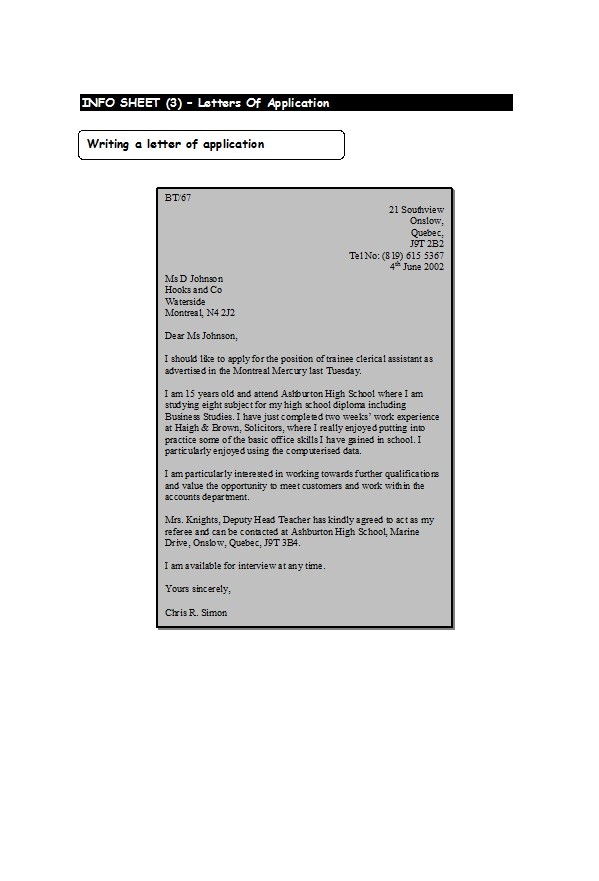 Info Sheet - Letter of Application