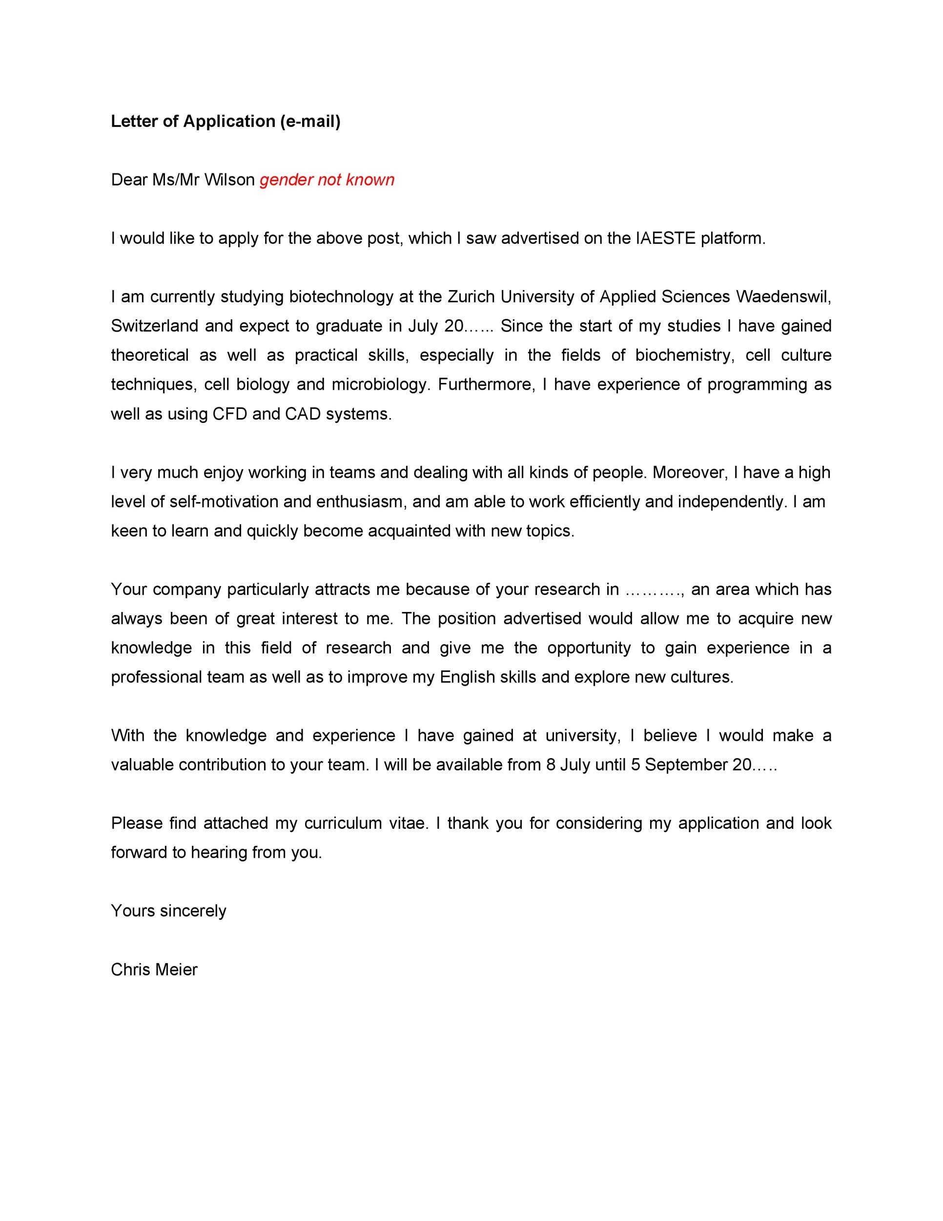 Letter of Application Email