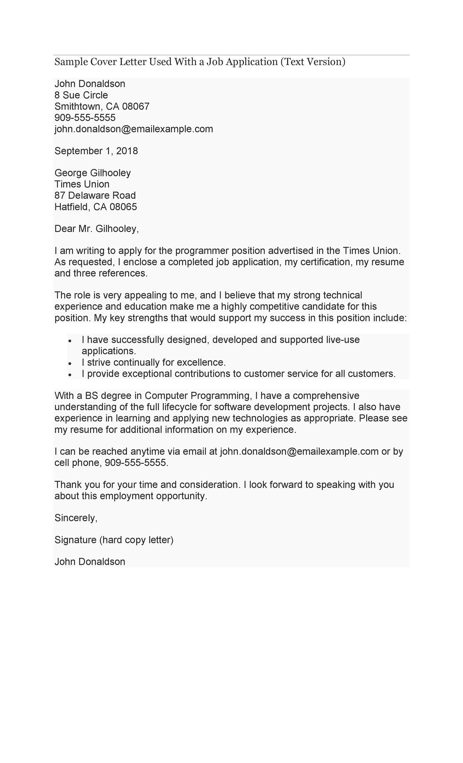 Sample Cover Letter Used with a Job Application