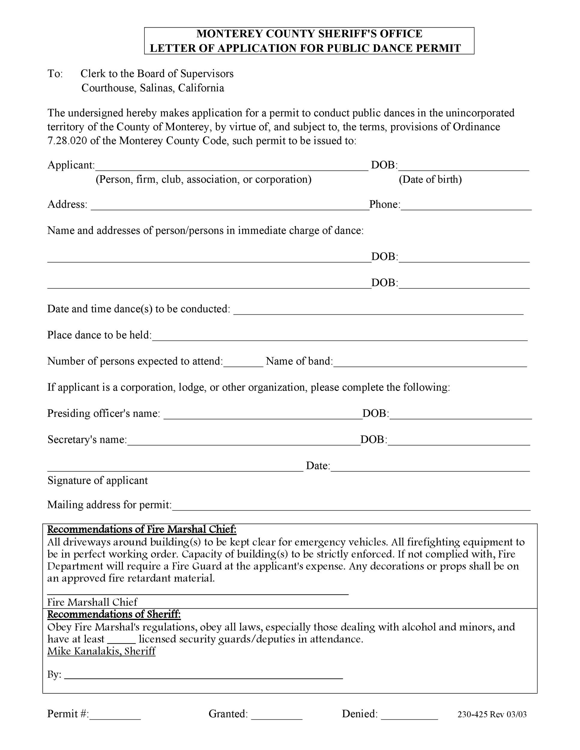 Letter of Application for Public Dance Permit