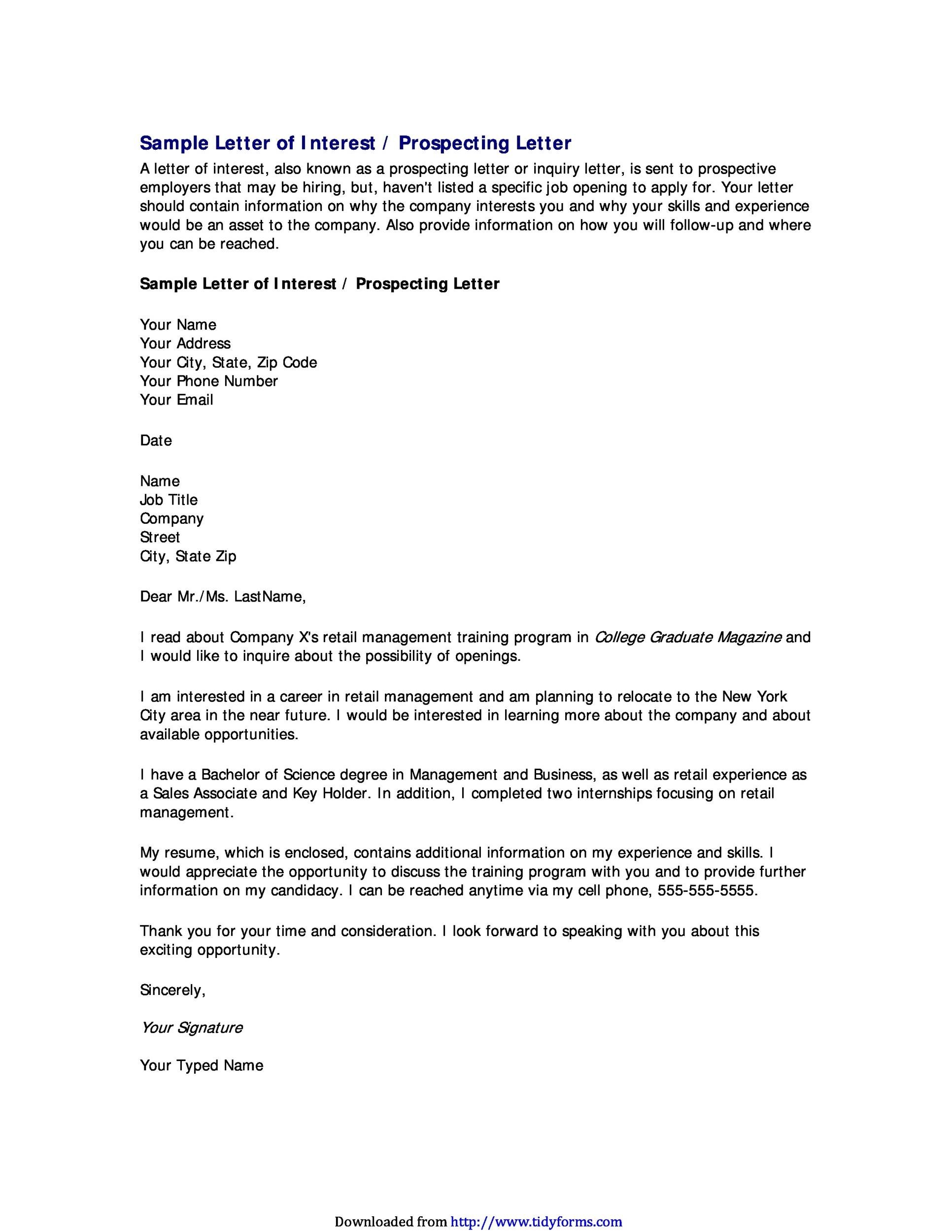 Sample Letter of Interest / Prospecting Letter