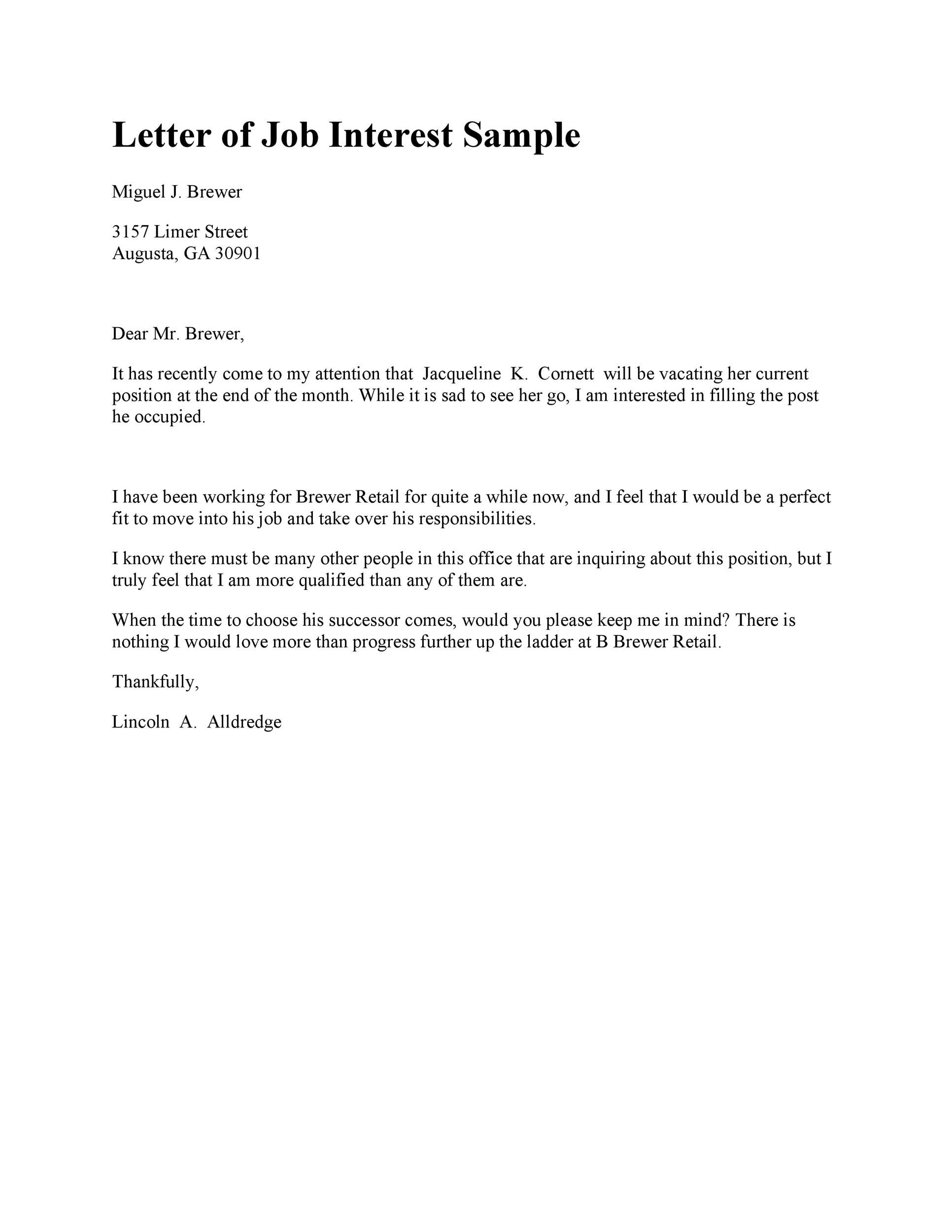 Letter of Job Interest Sample