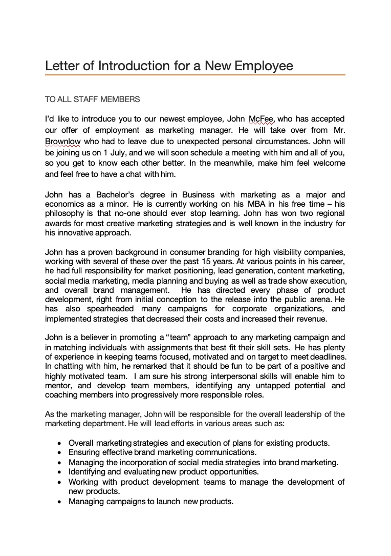 Letter of Introduction for a New Employee