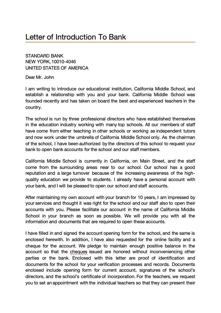 Template: Letter of Introduction to Bank