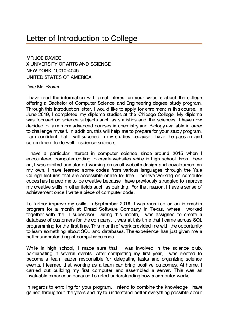 Letter of Introduction to College