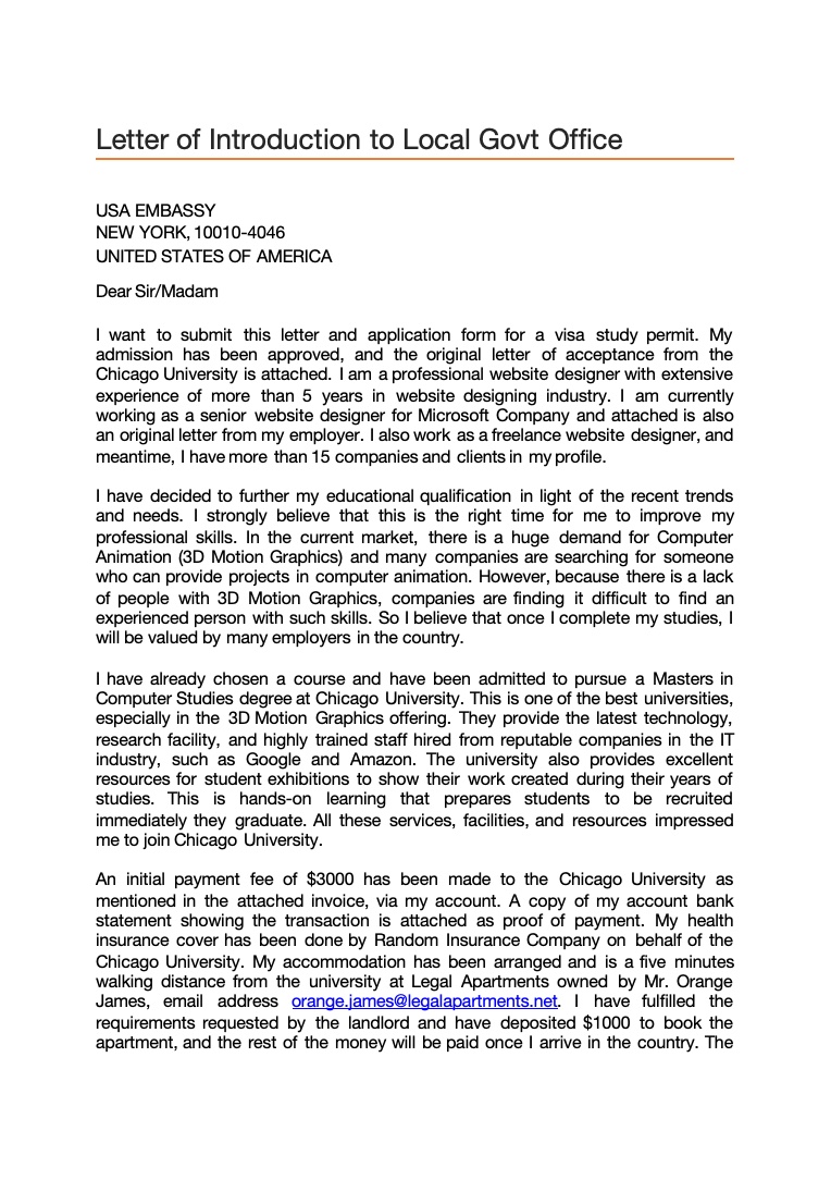 Letter of Introduction to Local Govt Office