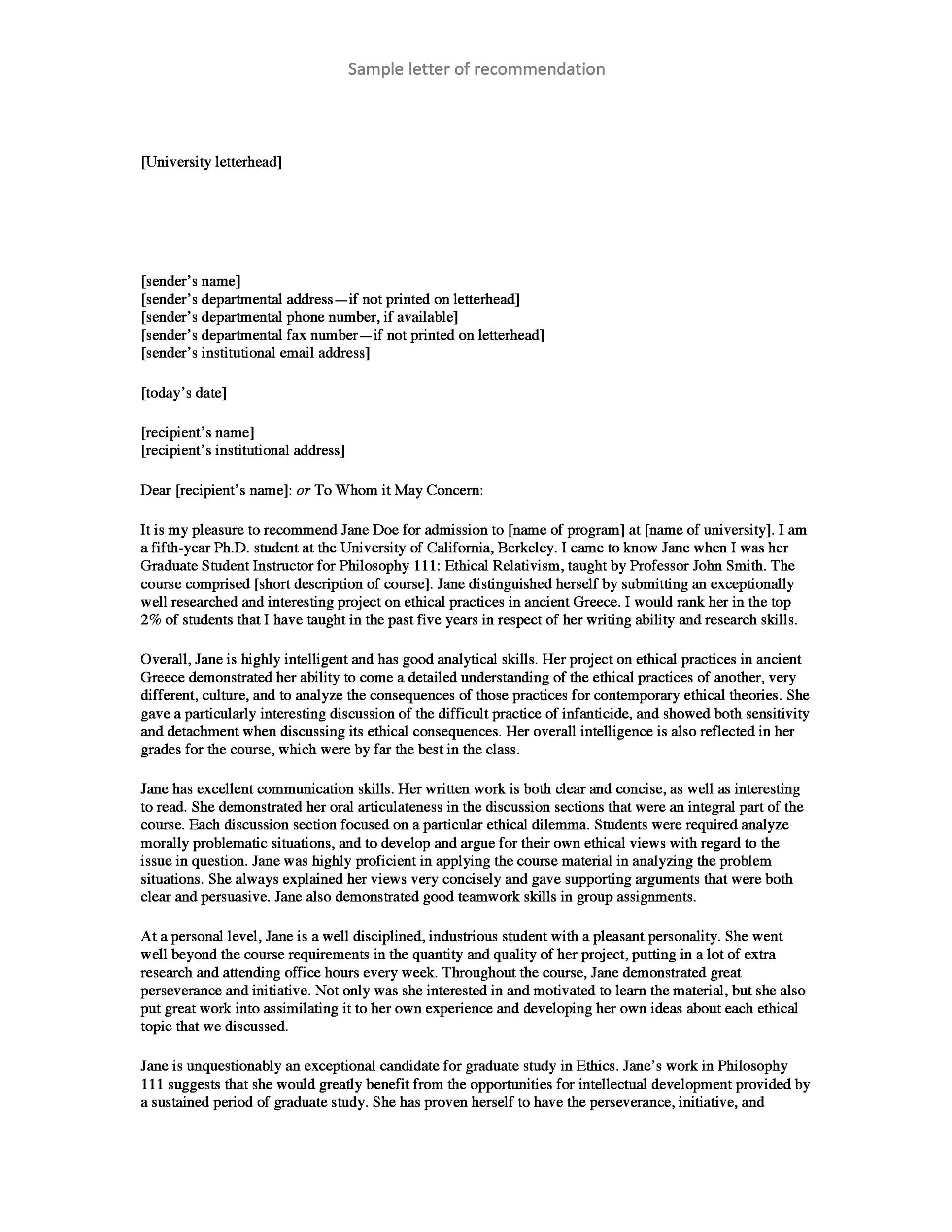 Sample: Letter of Recommendation