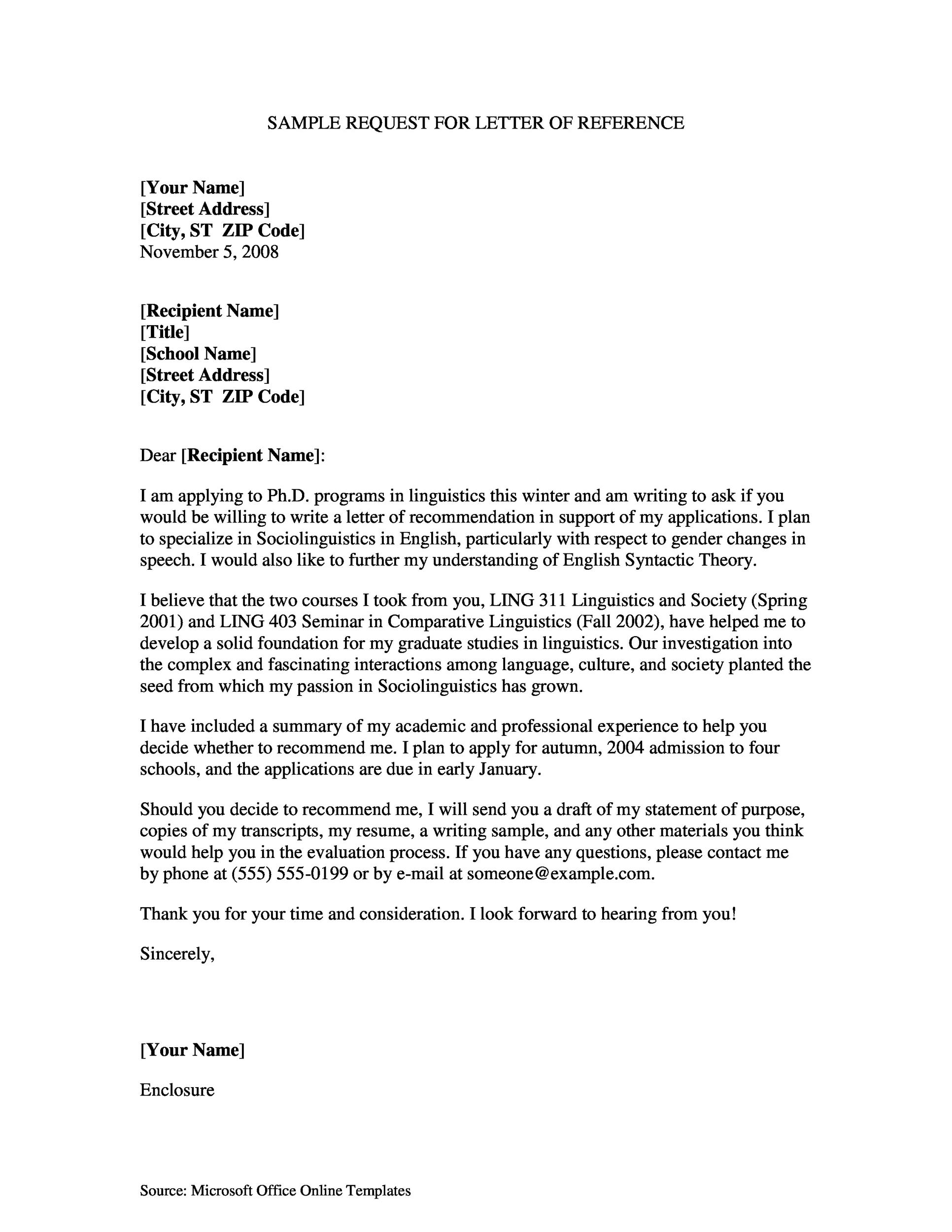 Sample Request for Letter of Reference
