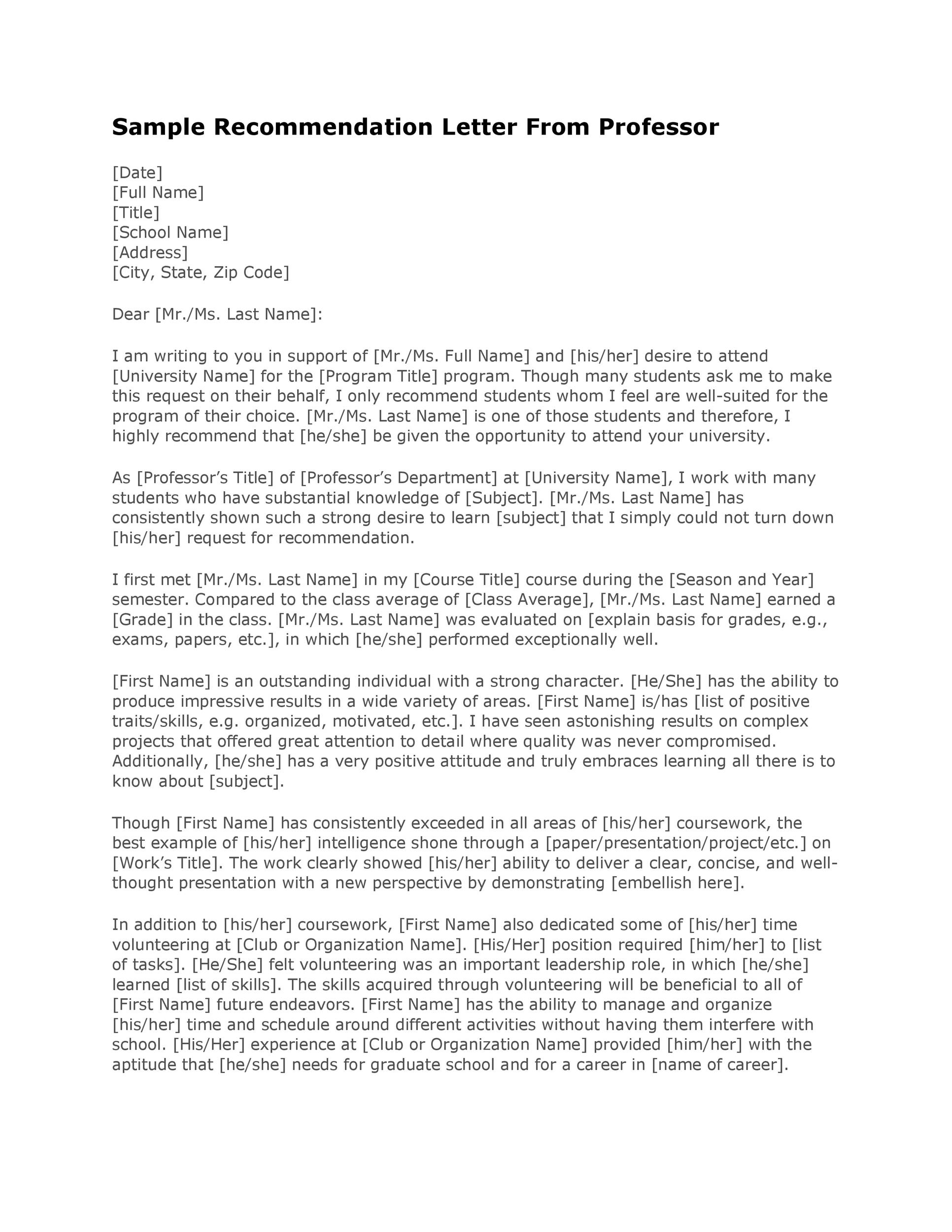 Sample Recommendation Letter from Professor