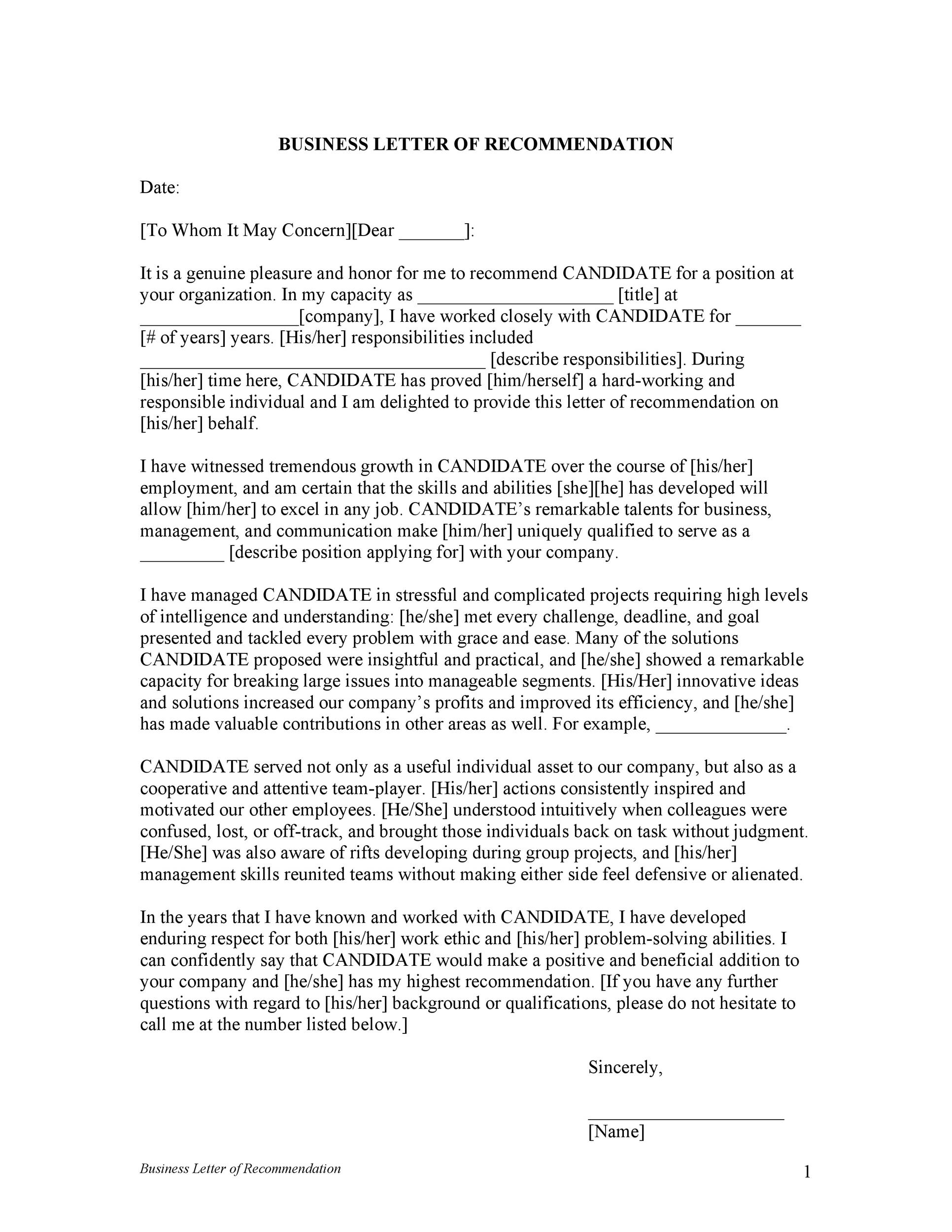 Business Letter of Recommendation