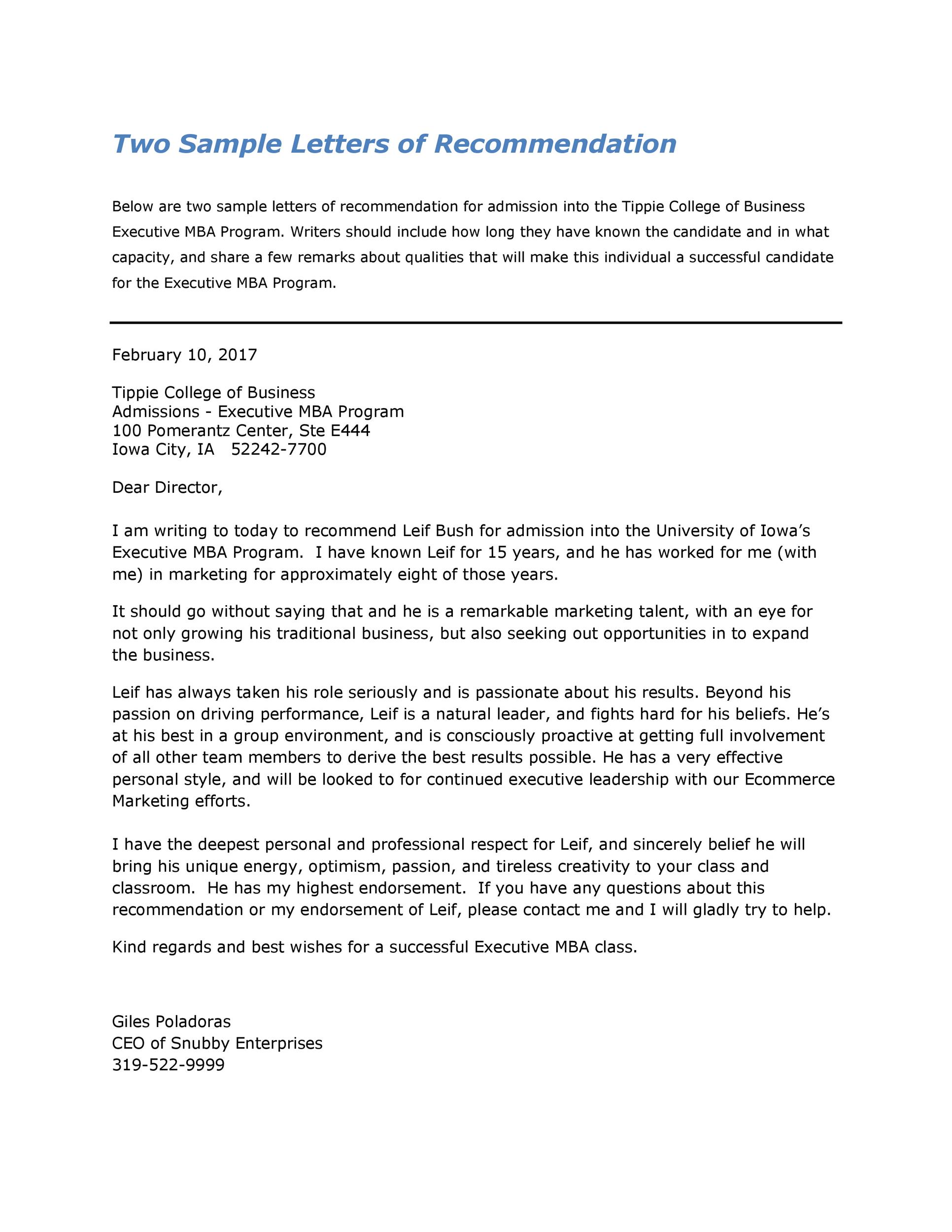 Two Sample Letters of Recommendation