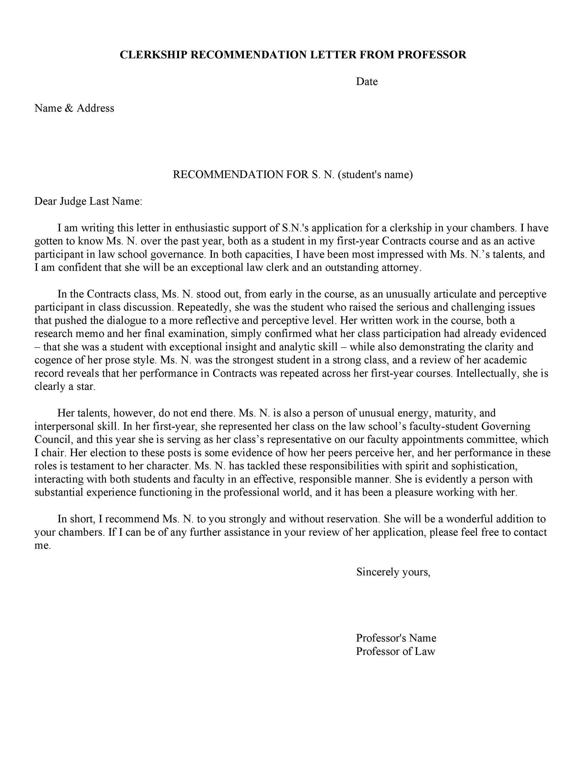 Clerkship Recommendation Letter from Professor